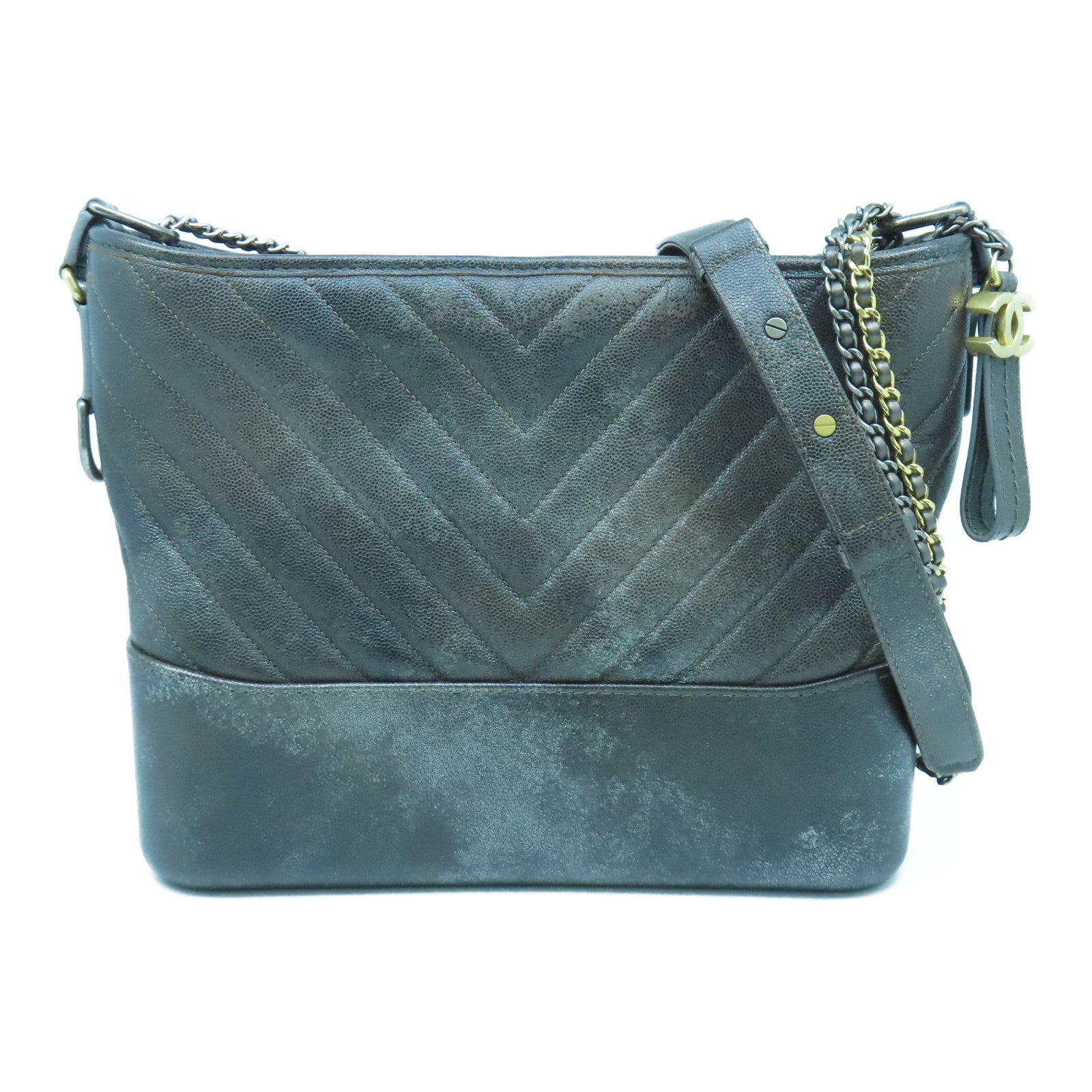 CHANEL 【均一特價】Caviar皮革Chevron Gabrielle Medium鏈帶肩背袋銀色