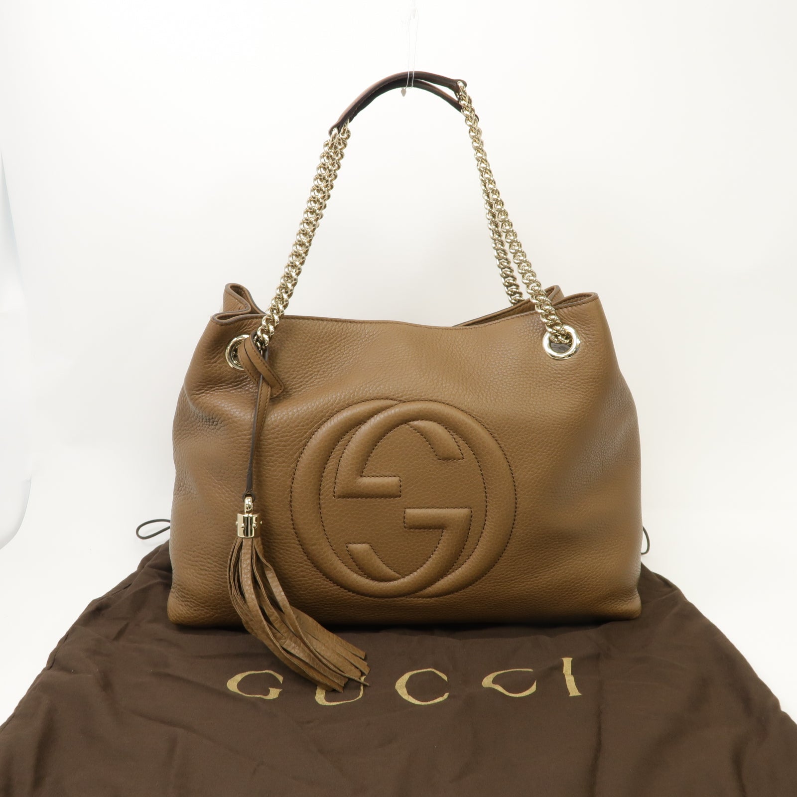 GUCCI 牛皮皮革Chain Shoulder Bag金扣鏈帶肩背袋啡色