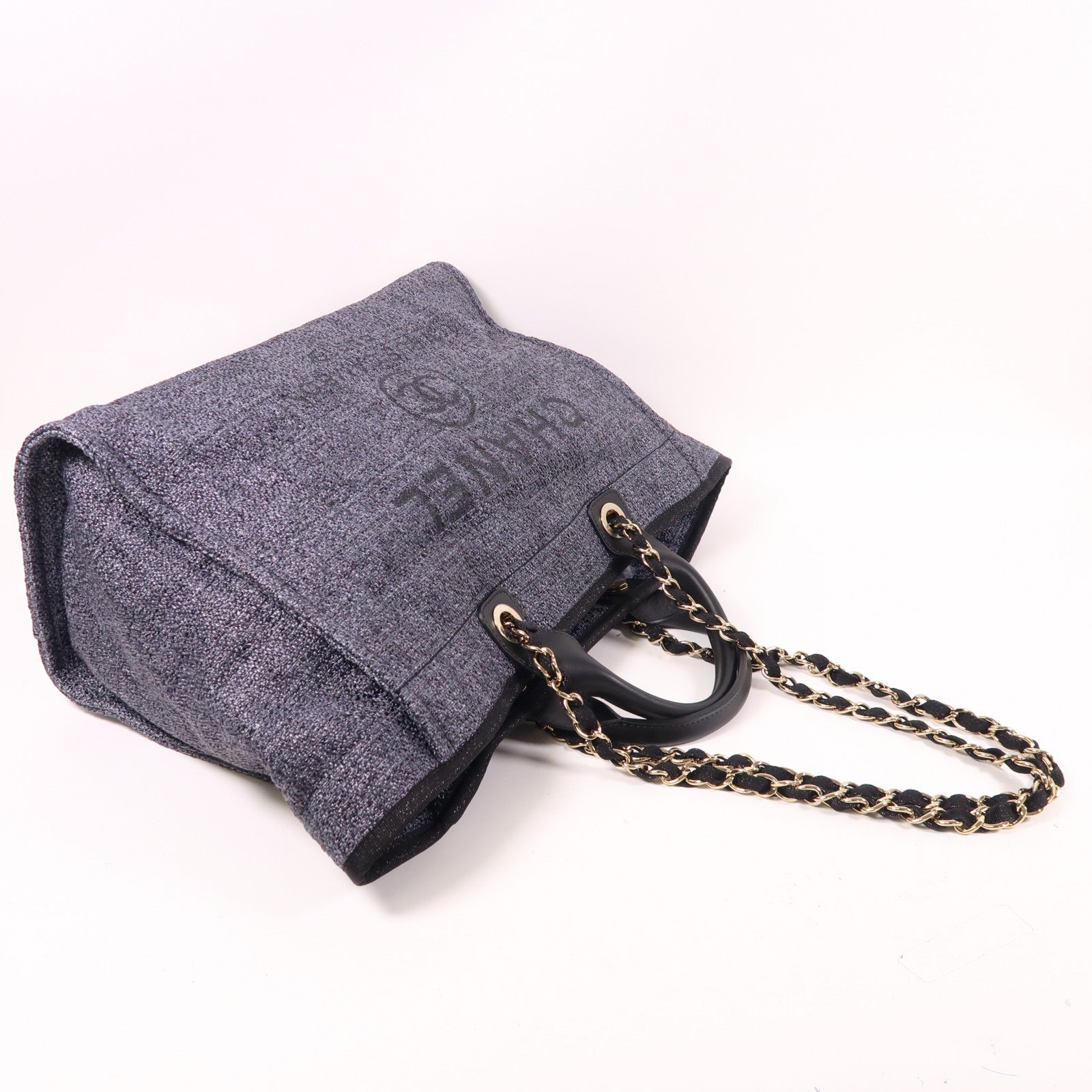 CHANEL Straw Deauville Tote Bag銀扣手挽肩背兩用袋黑色