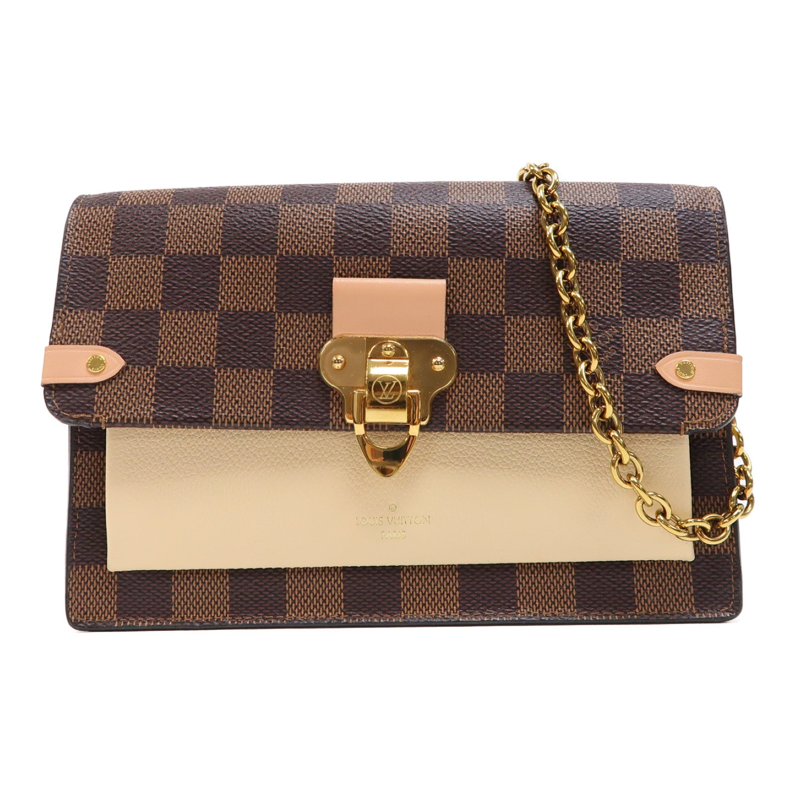LOUIS VUITTON Damier Vavin WOC金扣鏈帶肩背袋啡色/白色
