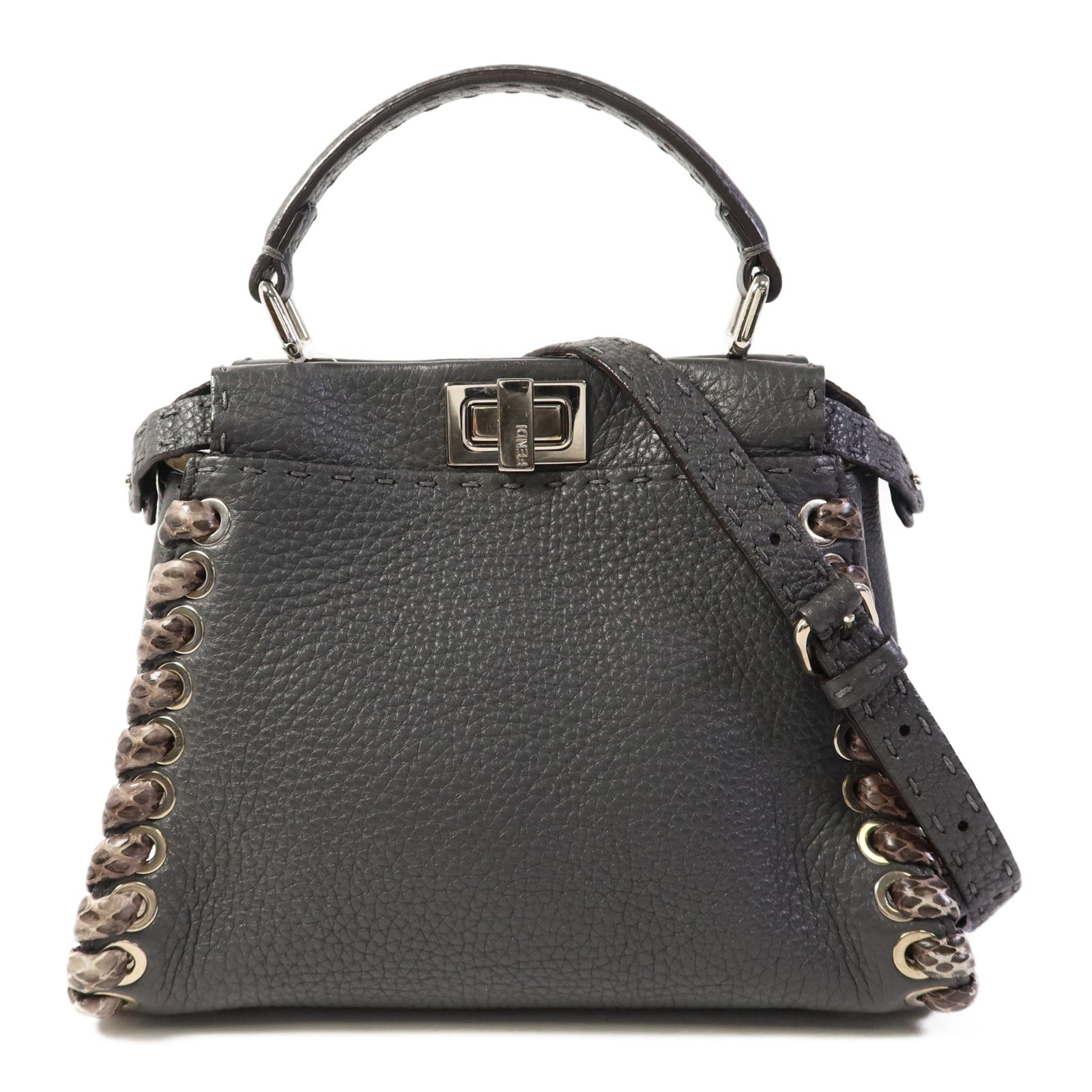 FENDI 蛇皮皮革/牛皮皮革Mini Peekaboo銀扣手挽肩背兩用袋