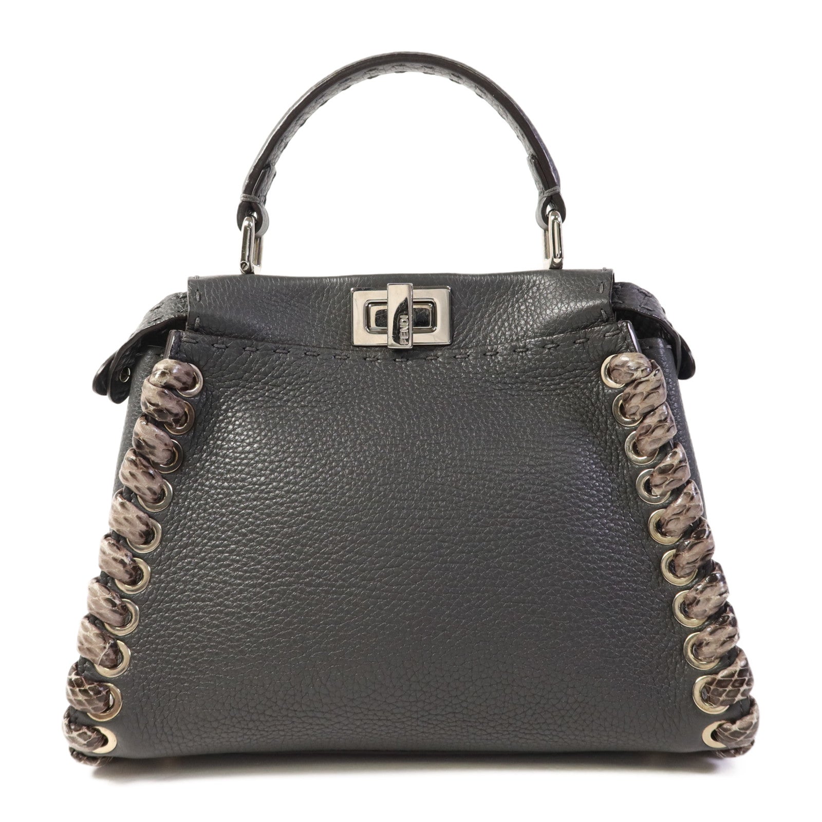 FENDI 蛇皮皮革/牛皮皮革Mini Peekaboo銀扣手挽肩背兩用袋