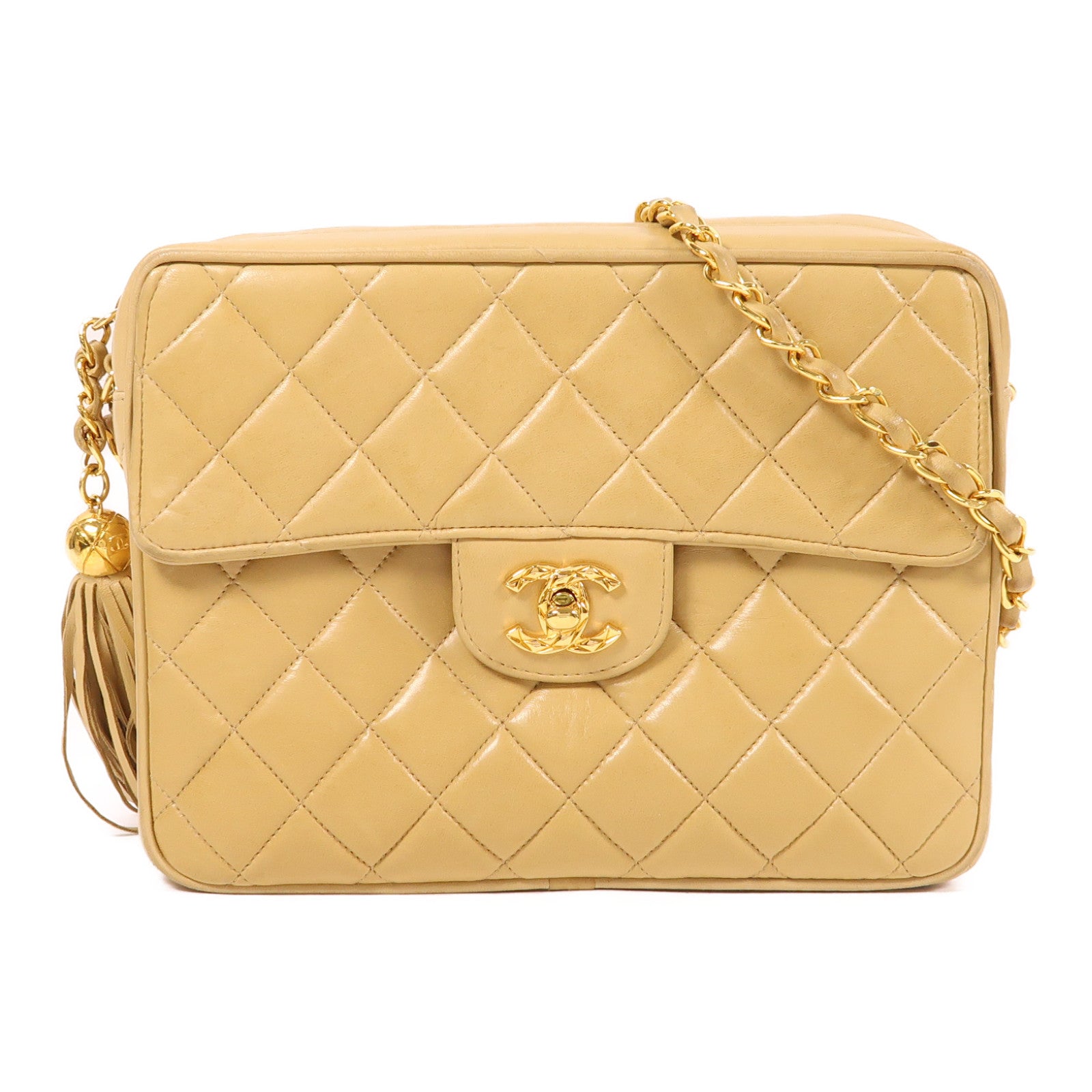 CHANEL 羊皮皮革Vintage Chain Shoulder金扣鏈帶肩背袋黃色