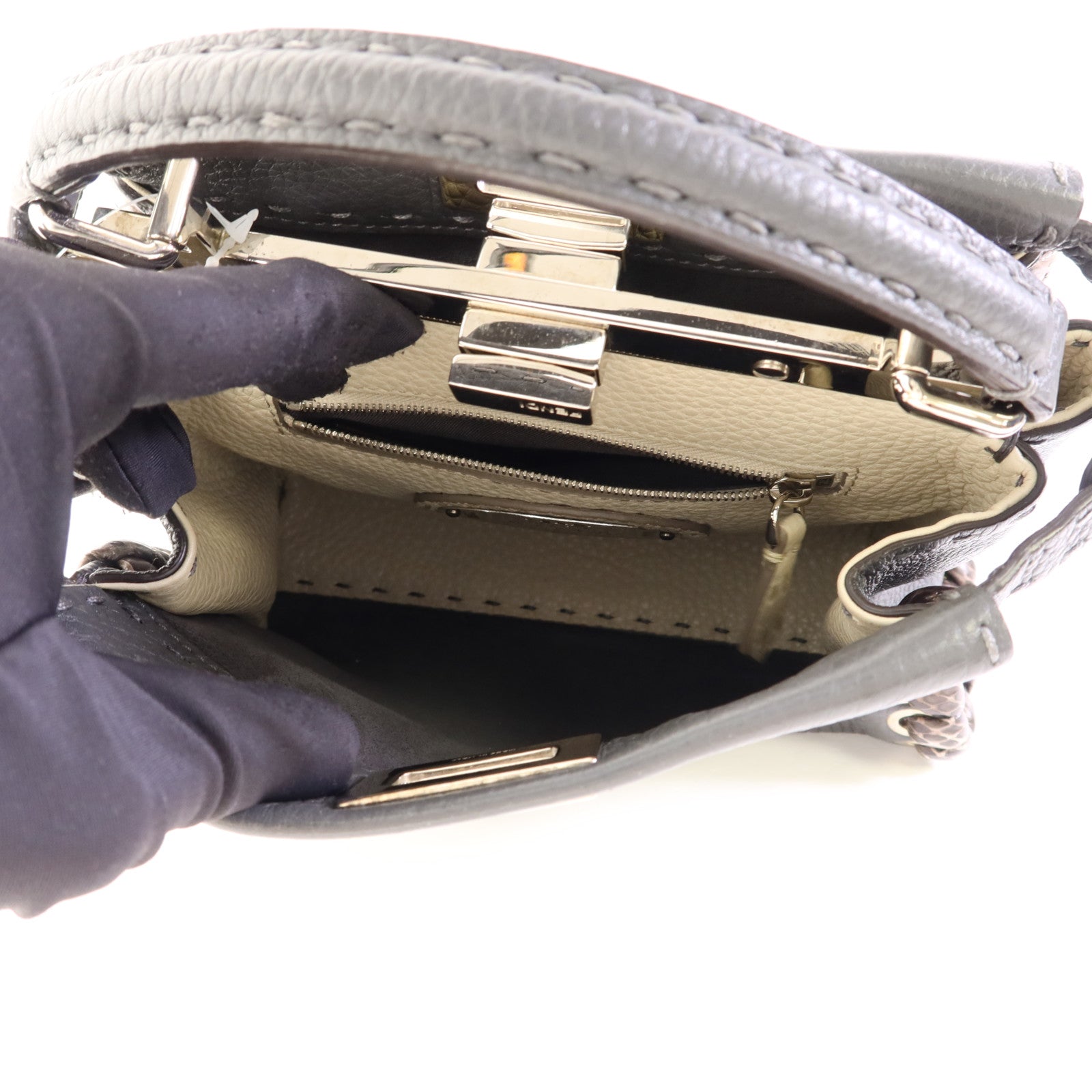 FENDI 【激減優惠】蛇皮皮革/牛皮皮革Mini Peekaboo銀扣手挽肩背兩用袋