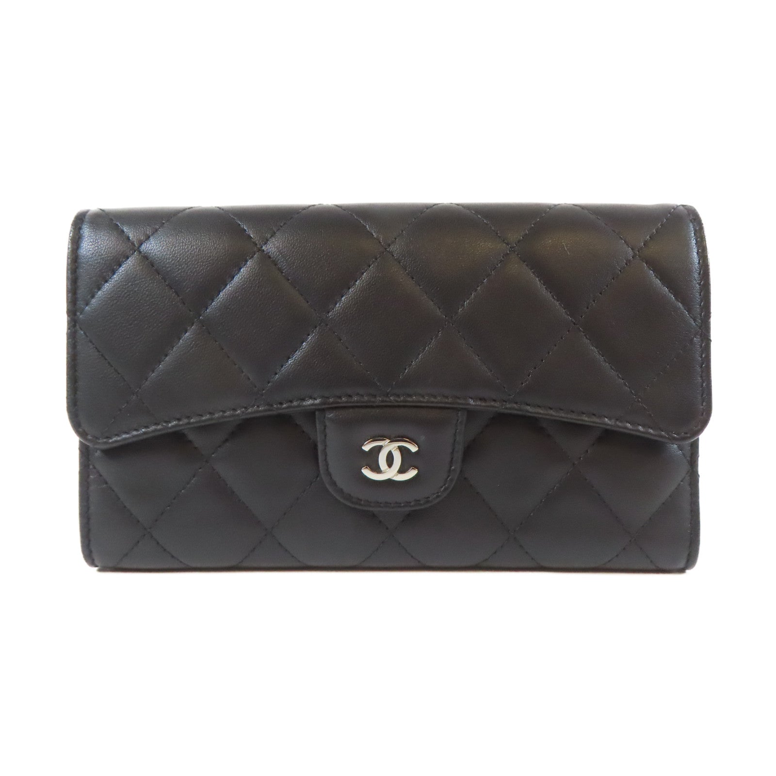CHANEL 菱格牛皮皮革Trifold Long Wallet銀扣長錢包黑色