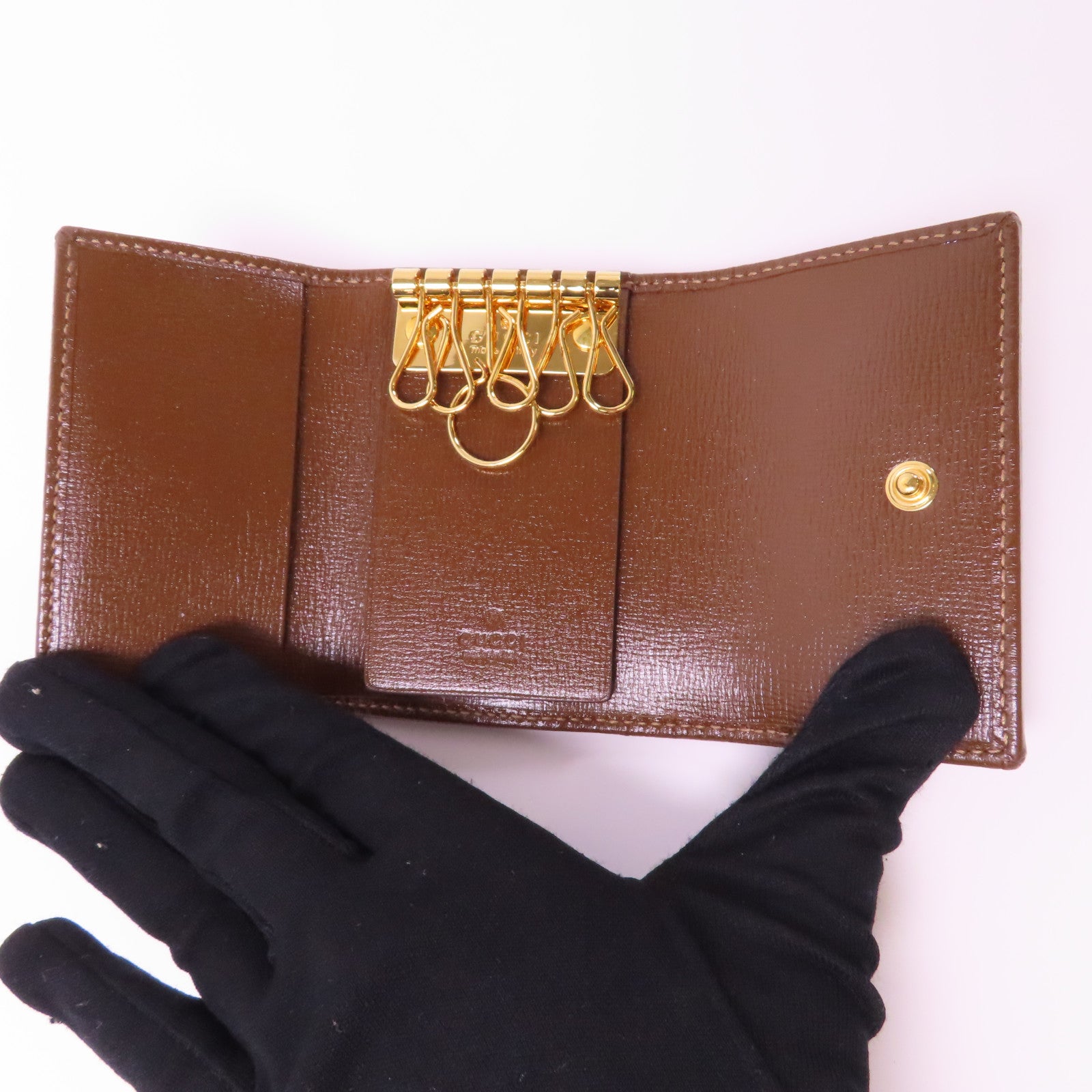 GUCCI 塗層帆布Key Holder金扣鎖匙包啡色