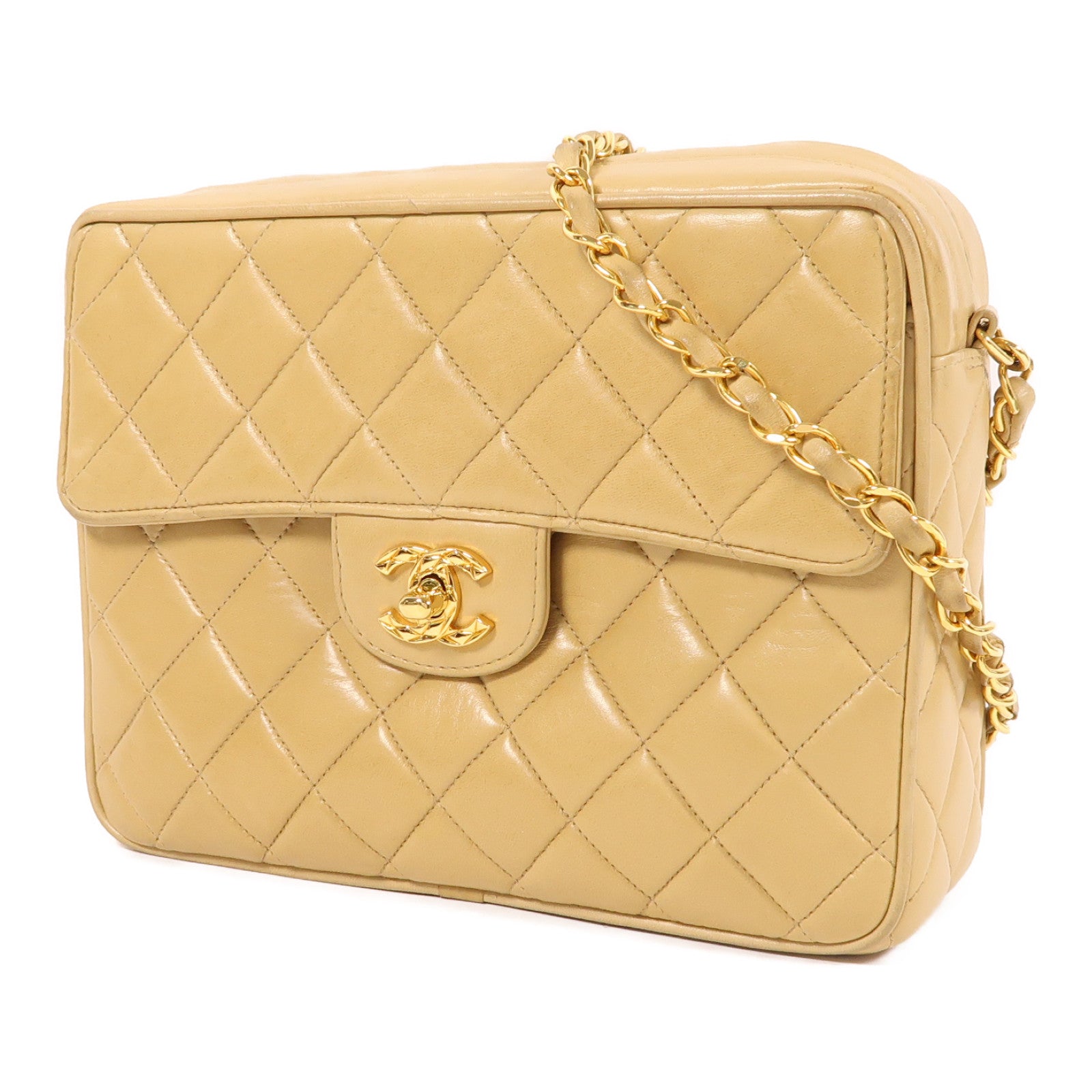 CHANEL 羊皮皮革Vintage Chain Shoulder金扣鏈帶肩背袋黃色