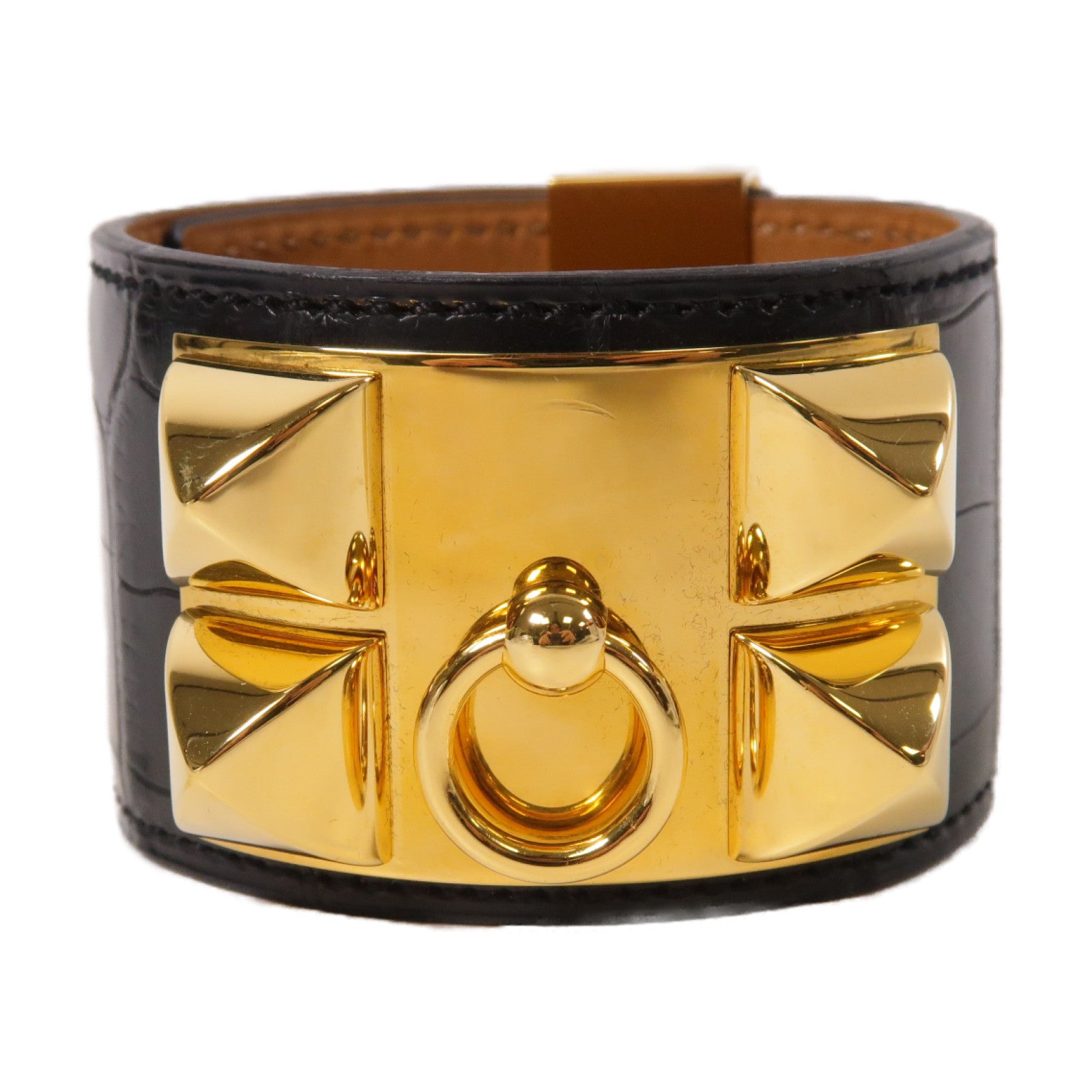 HERMES Alligator皮革CDC Bracelet金扣手鐲黑色