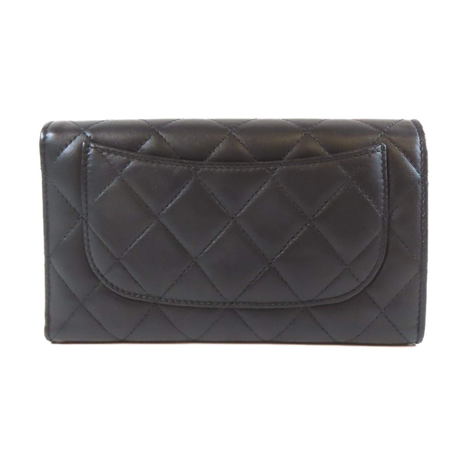 CHANEL 菱格牛皮皮革Trifold Long Wallet銀扣長錢包黑色