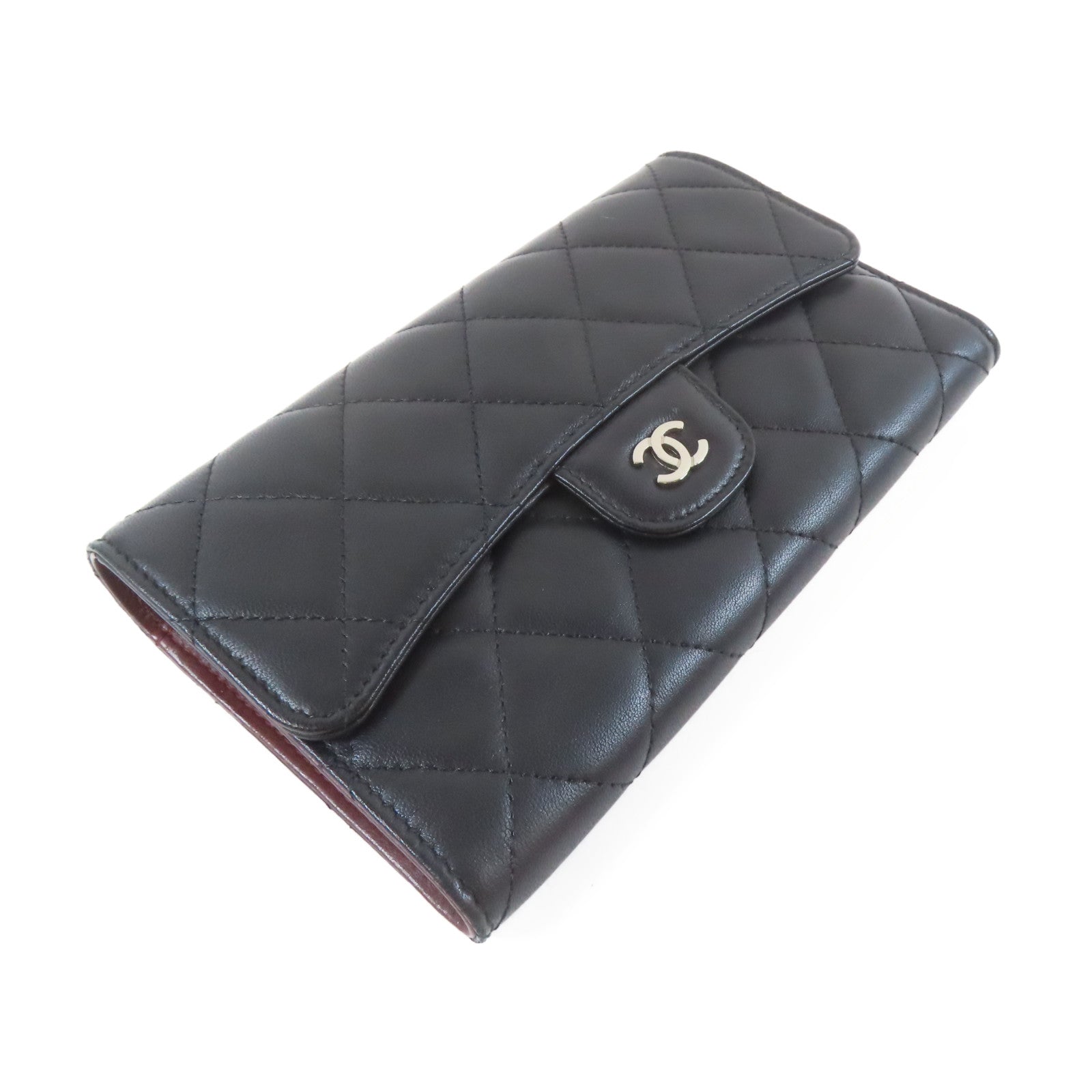 CHANEL 菱格牛皮皮革Trifold Long Wallet銀扣長錢包黑色