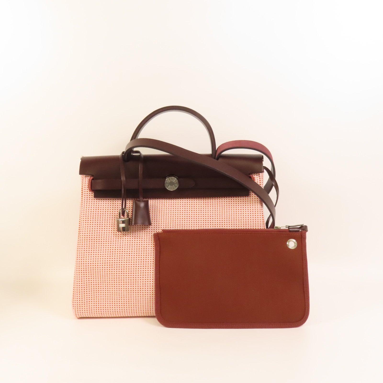 HERMES 帆布Herbag PM銀扣手挽肩背兩用袋Brique