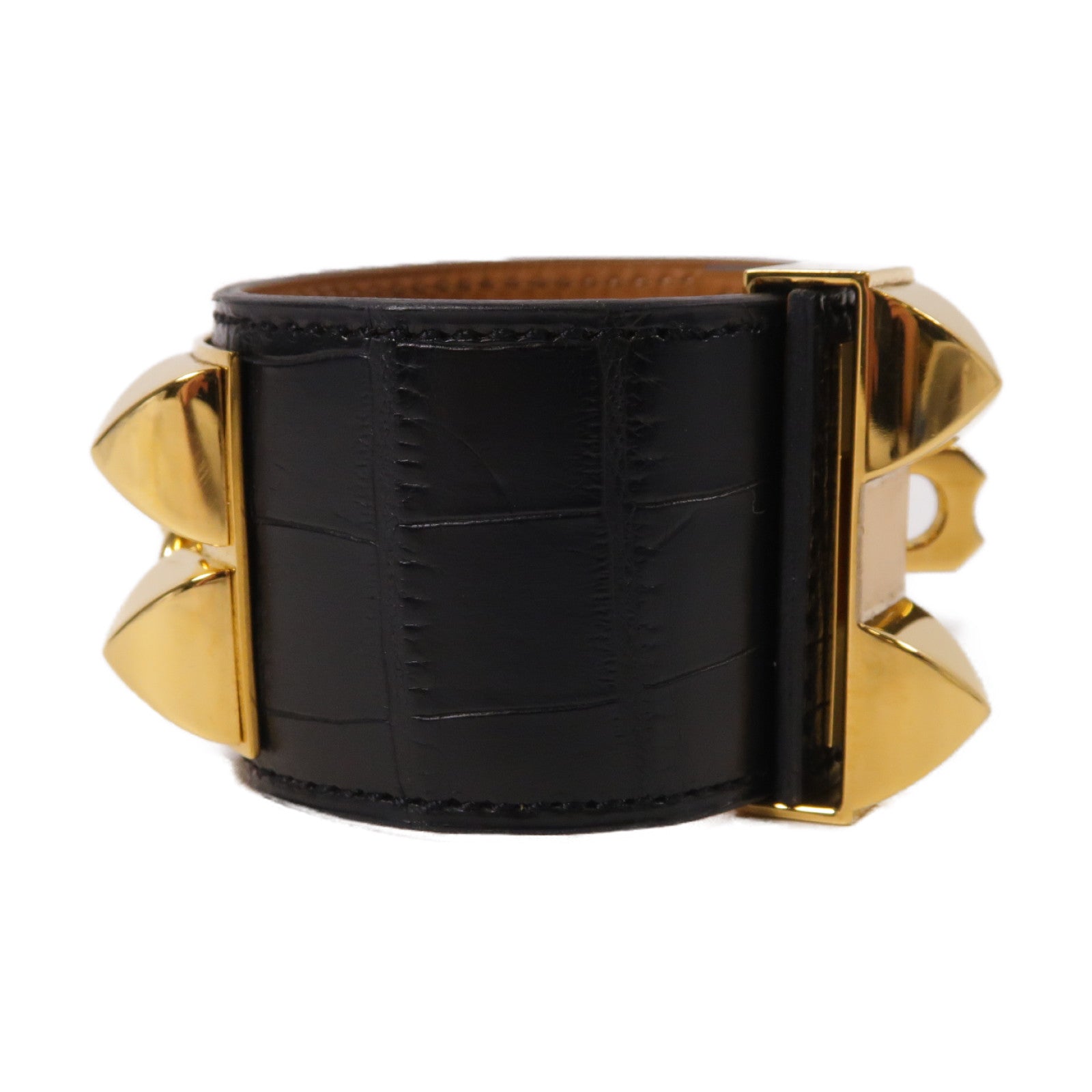 HERMES Alligator皮革CDC Bracelet金扣手鐲黑色