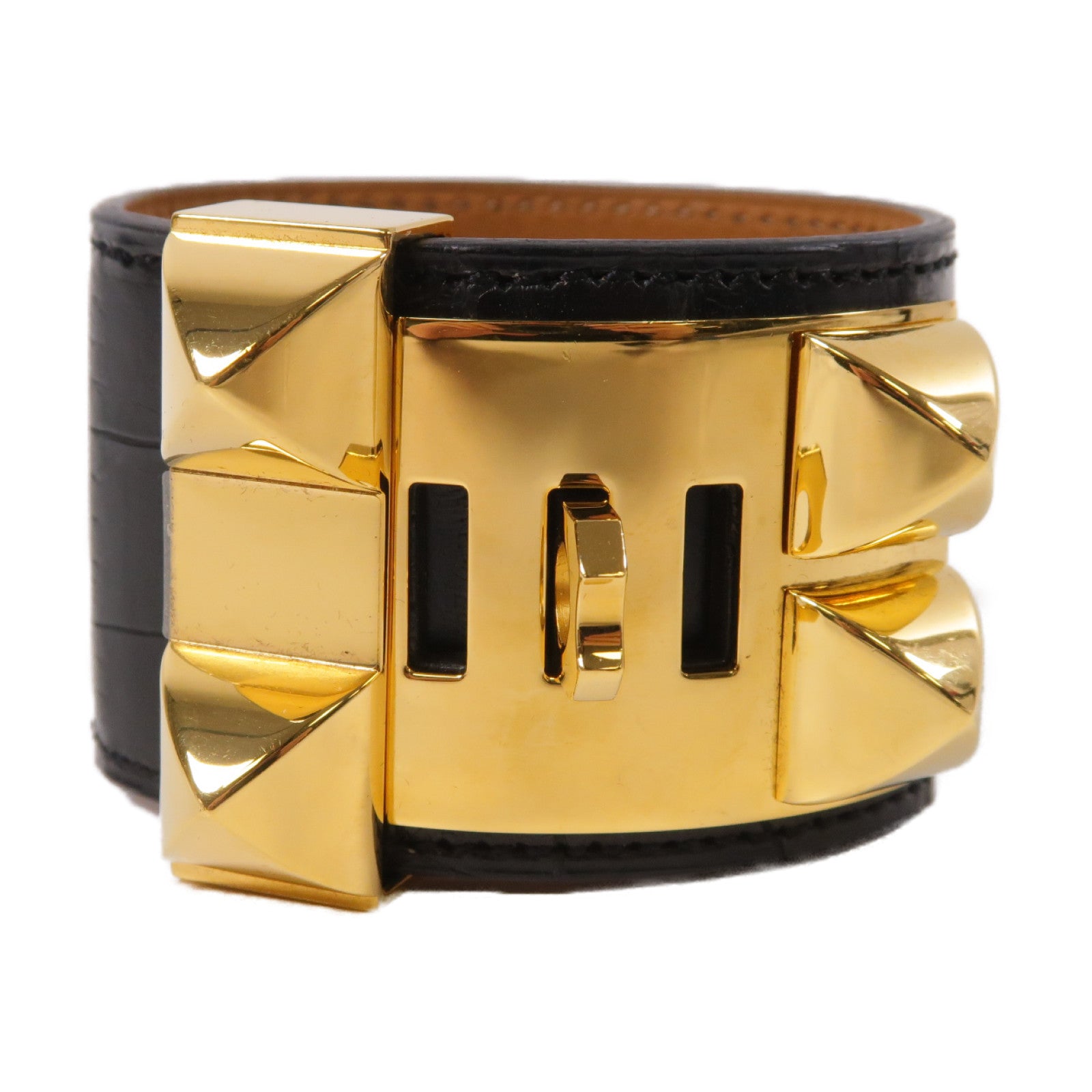 HERMES Alligator皮革CDC Bracelet金扣手鐲黑色