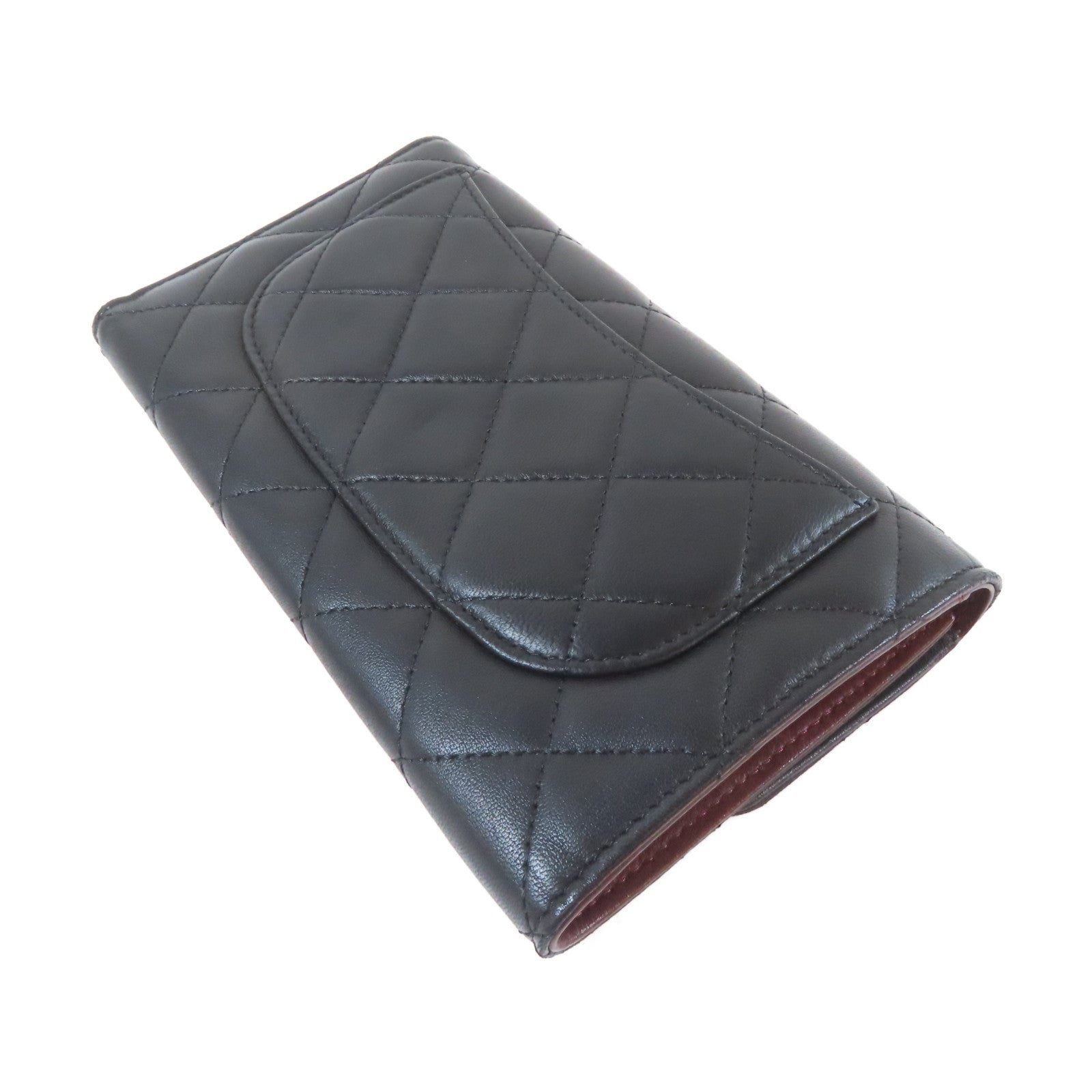 CHANEL 菱格牛皮皮革Trifold Long Wallet銀扣長錢包黑色