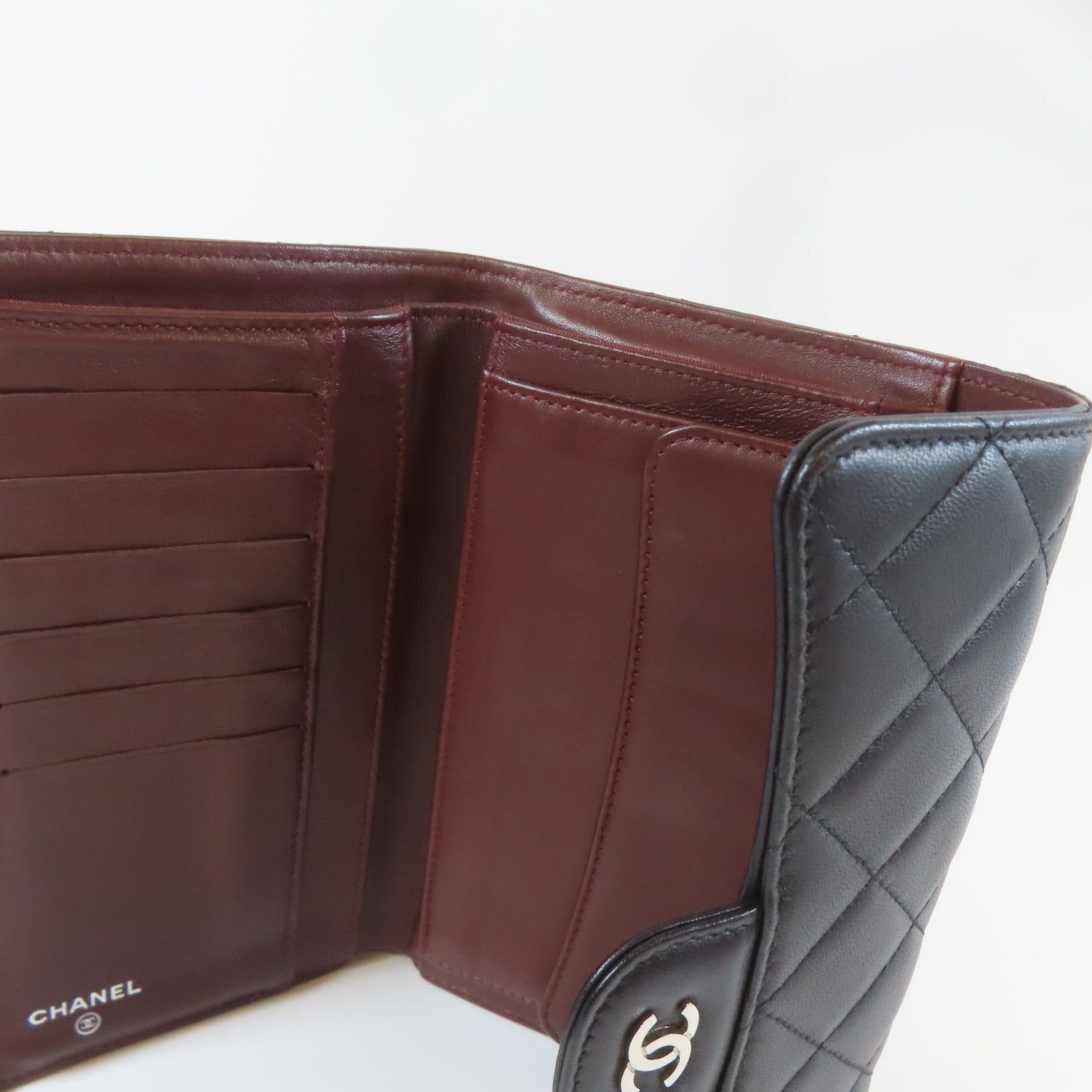 CHANEL 菱格牛皮皮革Trifold Long Wallet銀扣長錢包黑色