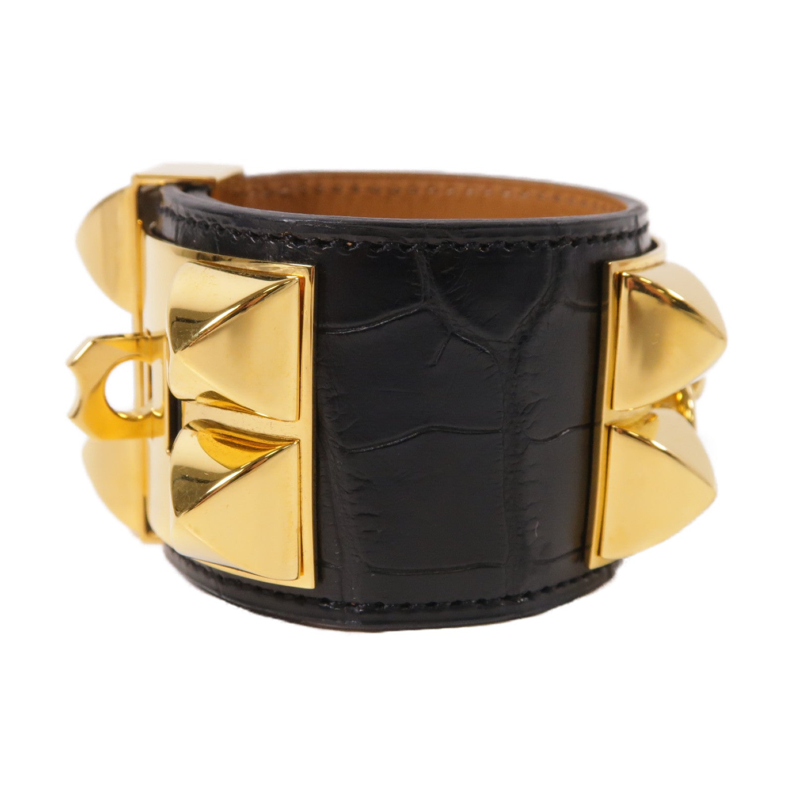 HERMES Alligator皮革CDC Bracelet金扣手鐲黑色