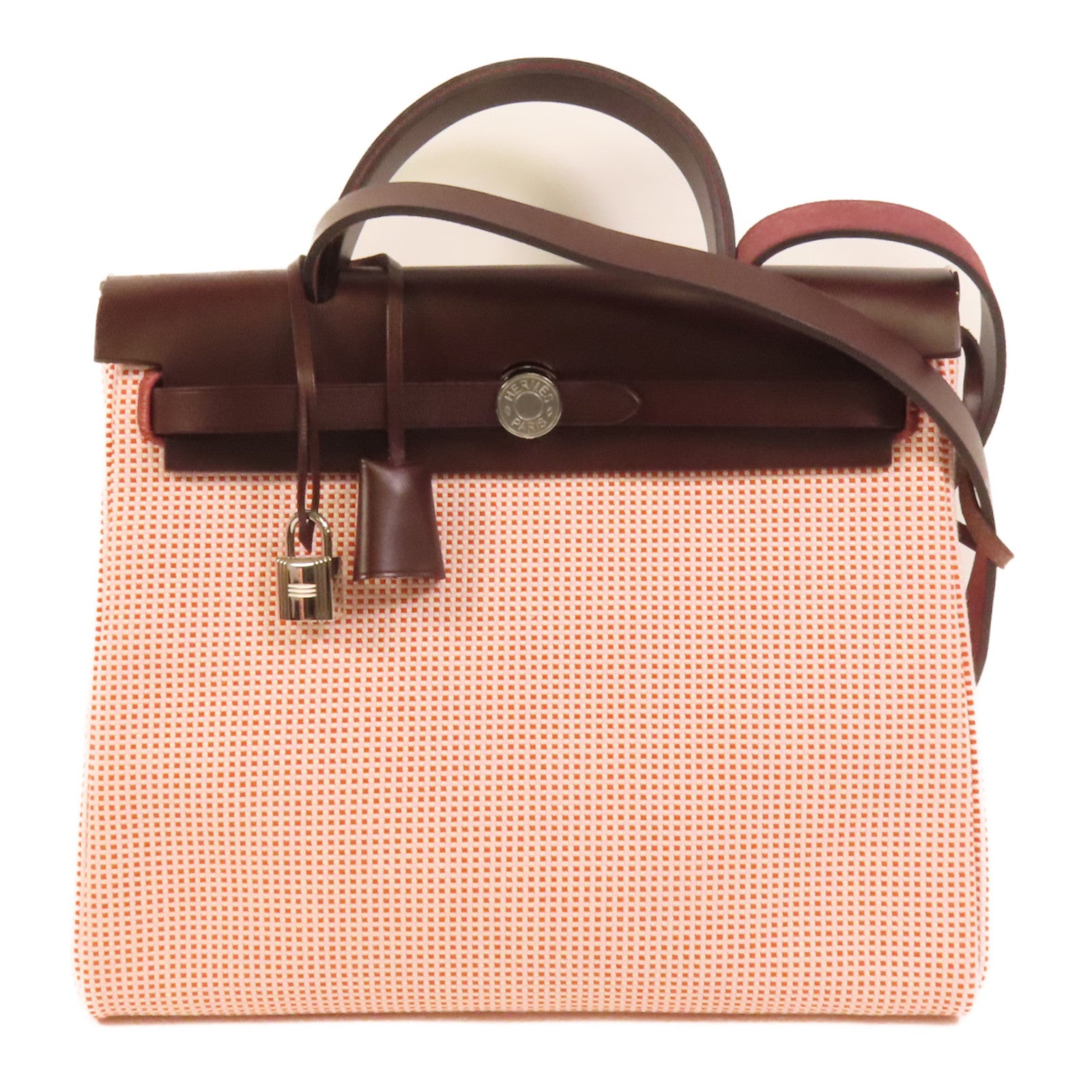 HERMES 帆布Herbag PM銀扣手挽肩背兩用袋Brique