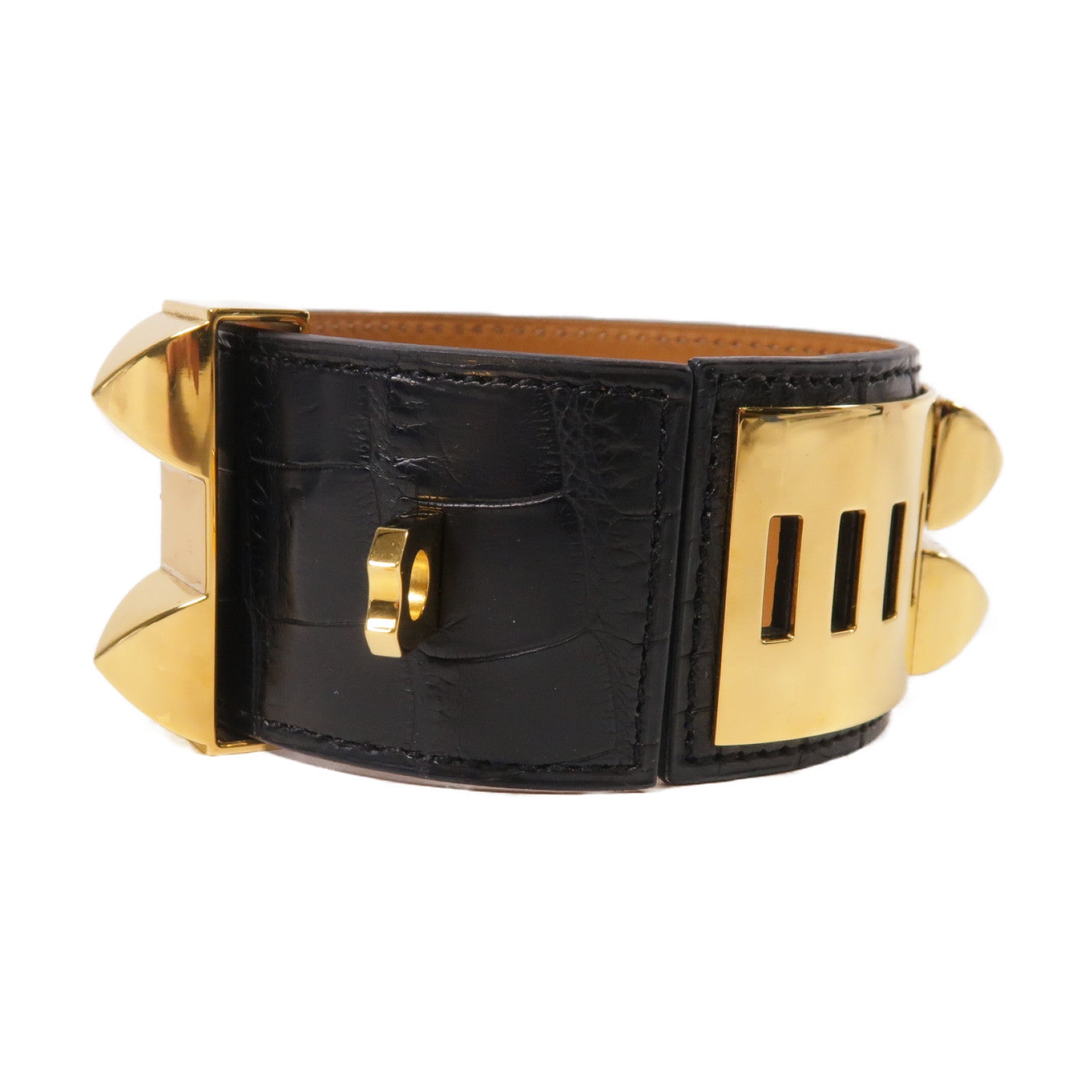 HERMES Alligator皮革CDC Bracelet金扣手鐲黑色