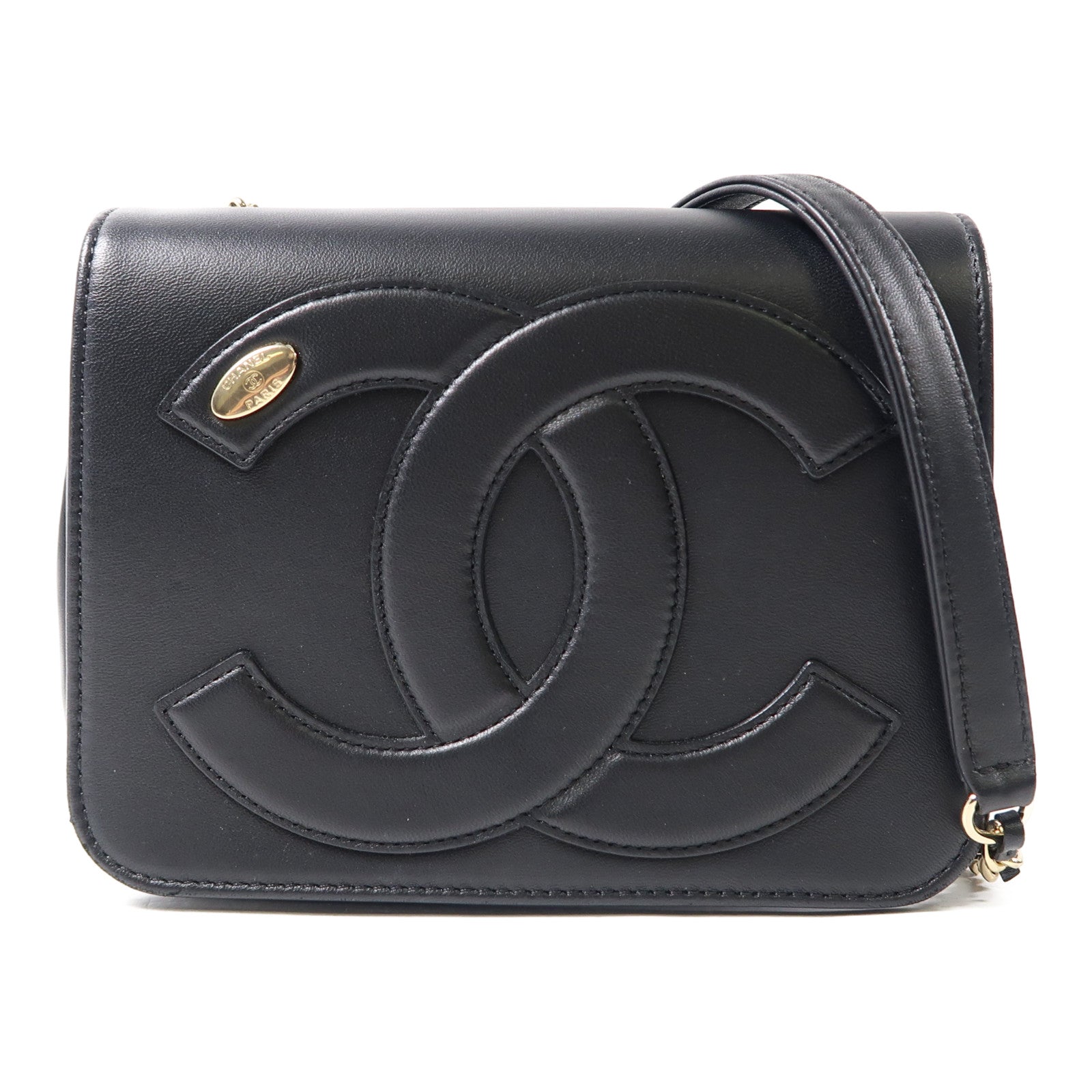 CHANEL 羊皮皮革Shoulder Bag金扣鏈帶肩背袋黑色