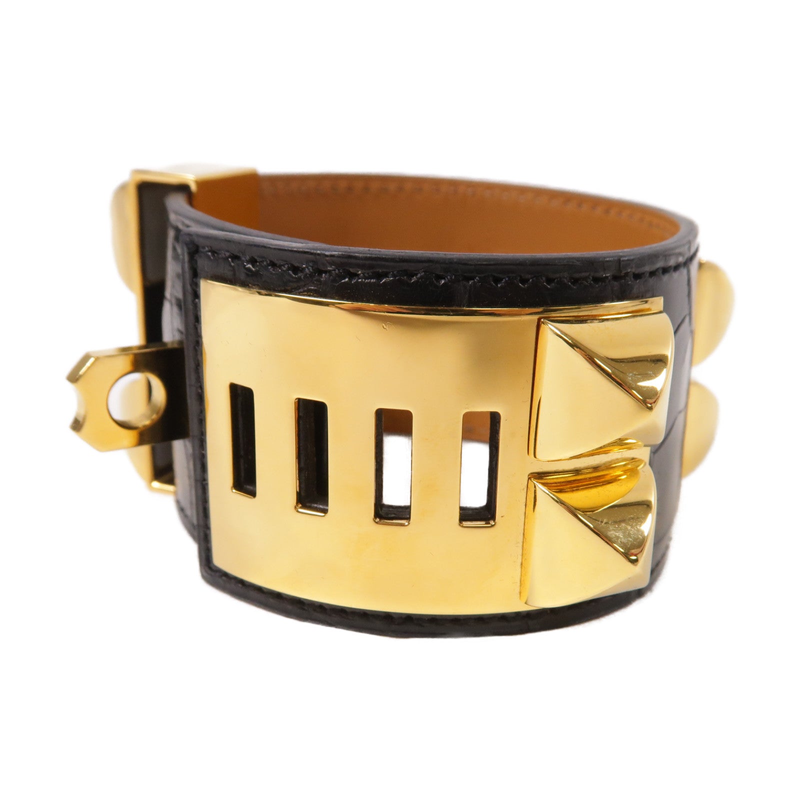 HERMES Alligator皮革CDC Bracelet金扣手鐲黑色