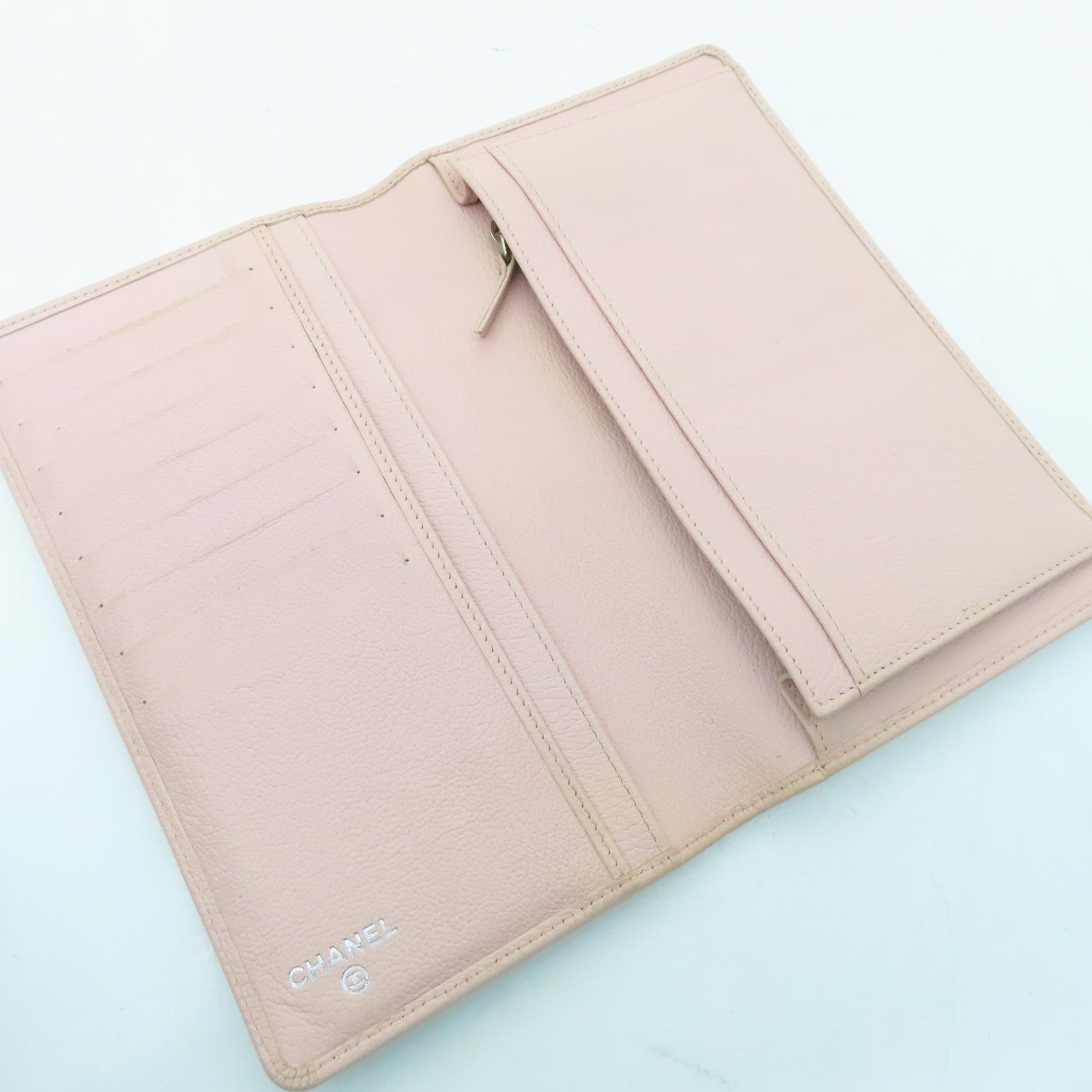 CHANEL Cowhide Leather Long Wallet Silver Buckle Long Wallet Pink