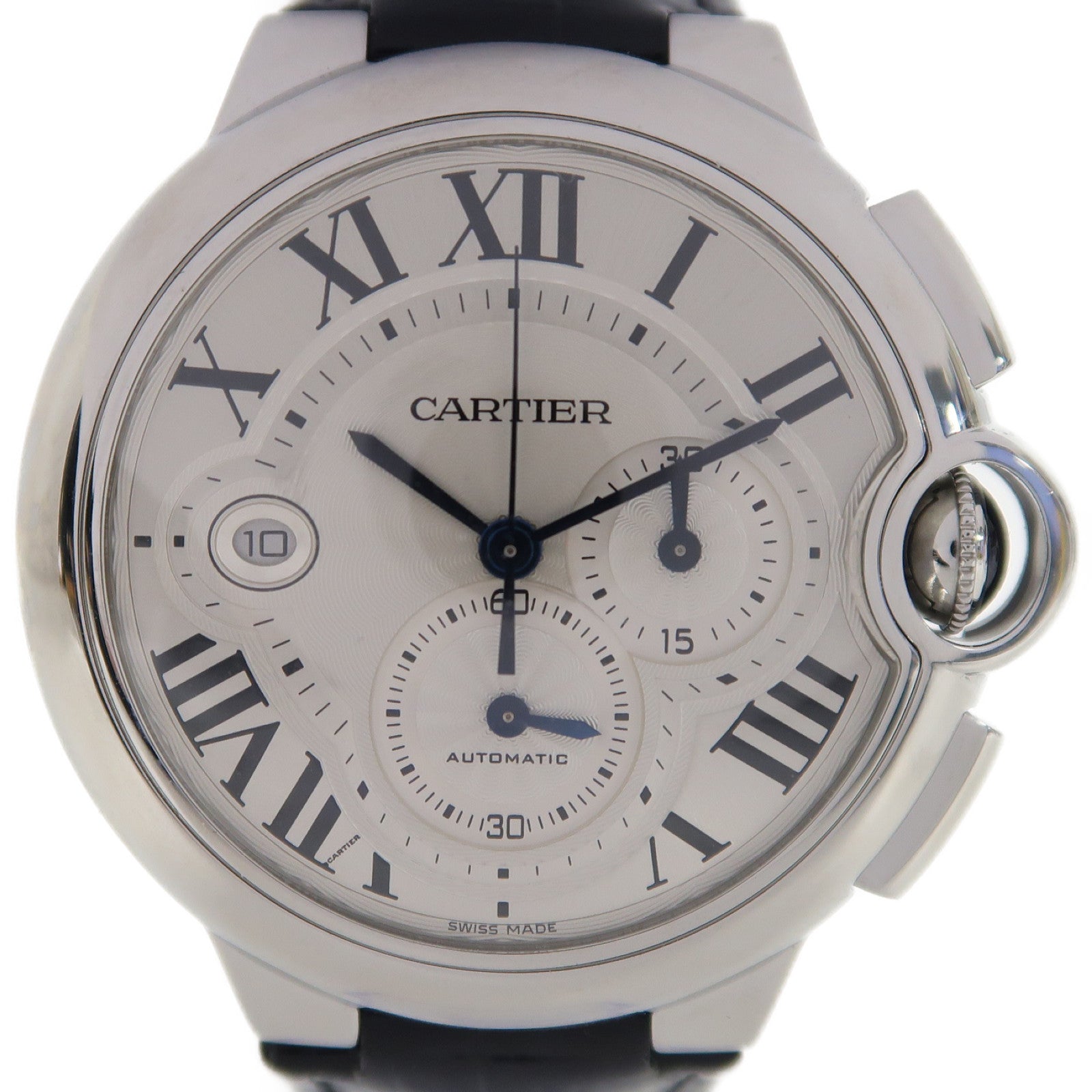 CARTIER Ballon Bleu Chronograph不鏽鋼/皮革帶手錶自動機芯白色