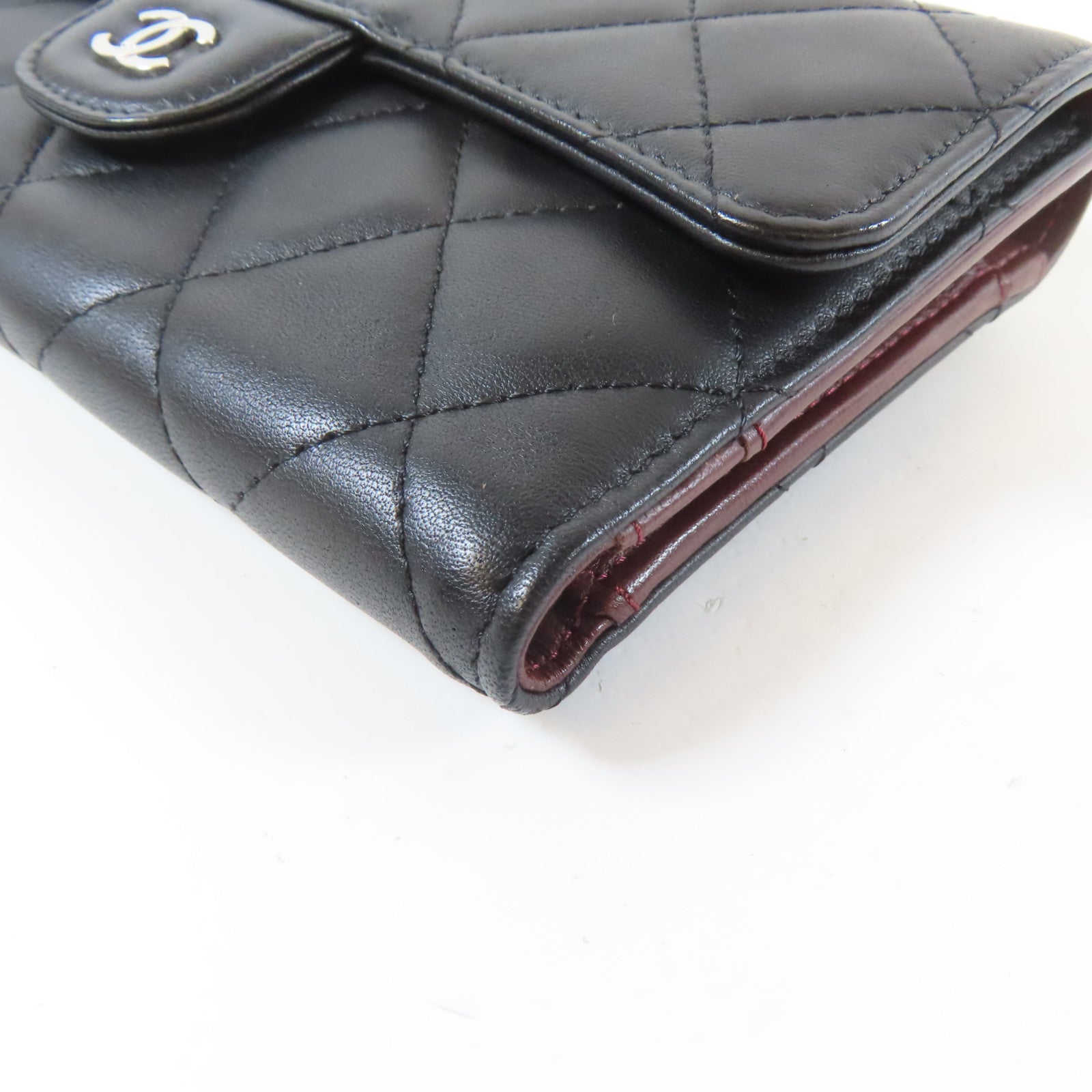 CHANEL 菱格牛皮皮革Trifold Long Wallet銀扣長錢包黑色