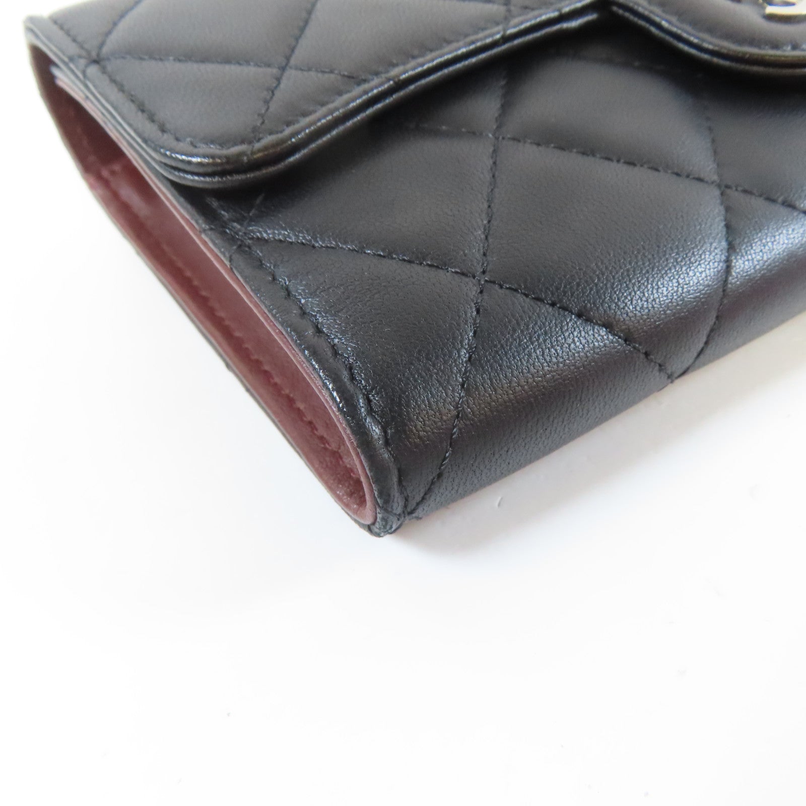 CHANEL 菱格牛皮皮革Trifold Long Wallet銀扣長錢包黑色