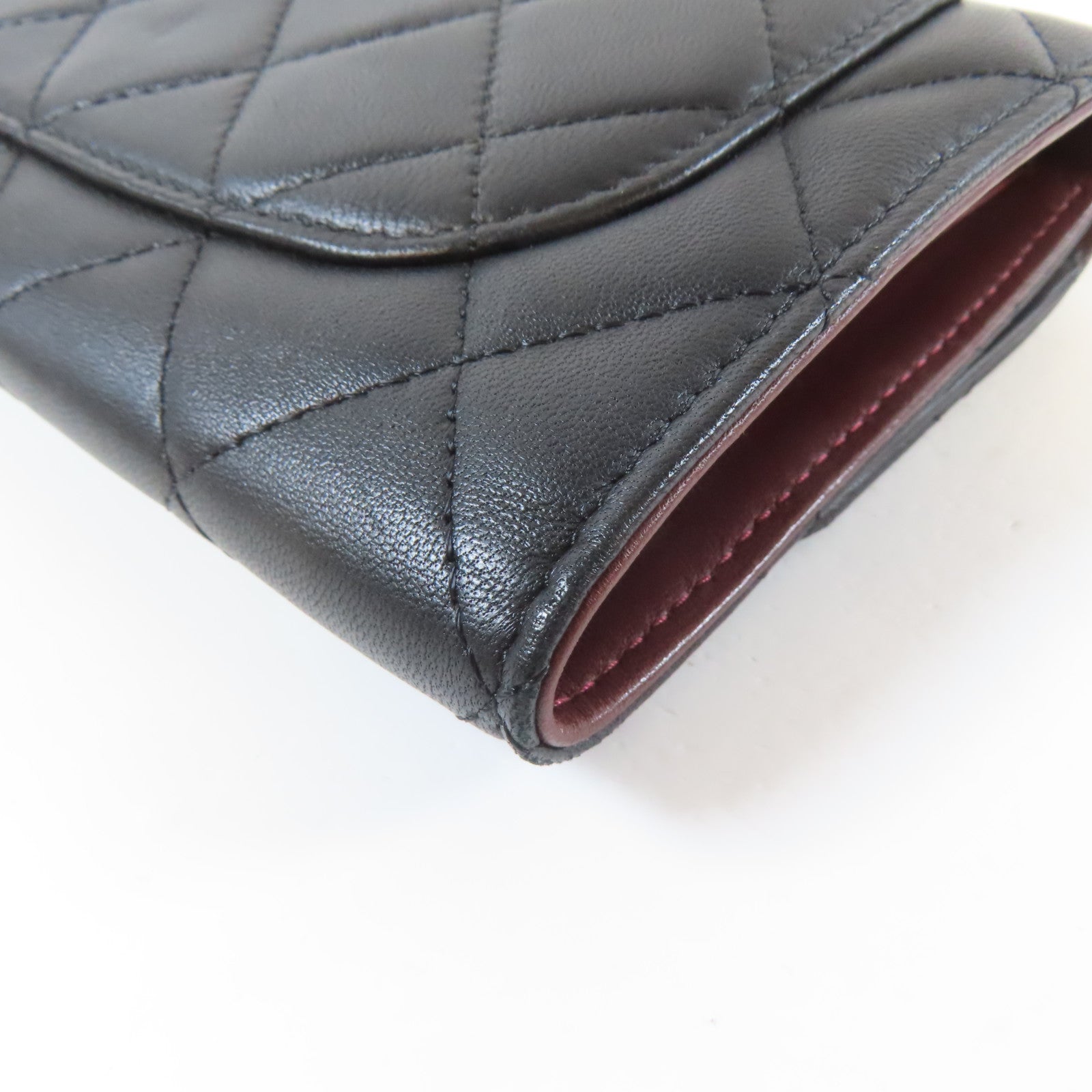 CHANEL 菱格牛皮皮革Trifold Long Wallet銀扣長錢包黑色