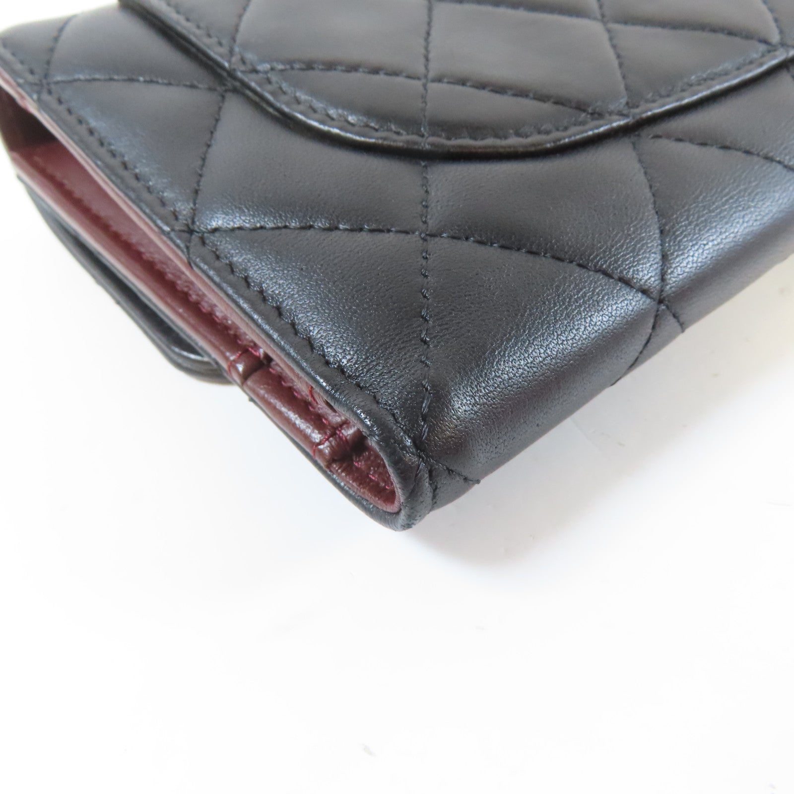 CHANEL 菱格牛皮皮革Trifold Long Wallet銀扣長錢包黑色
