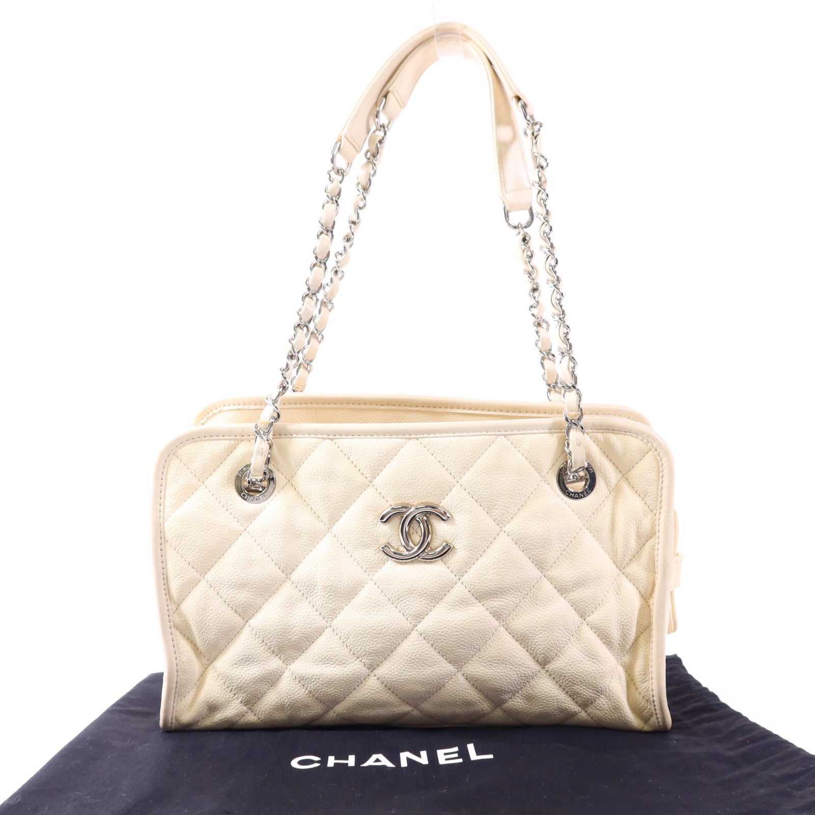 CHANEL 牛皮皮革Chain Shoulder銀扣鏈帶肩背袋