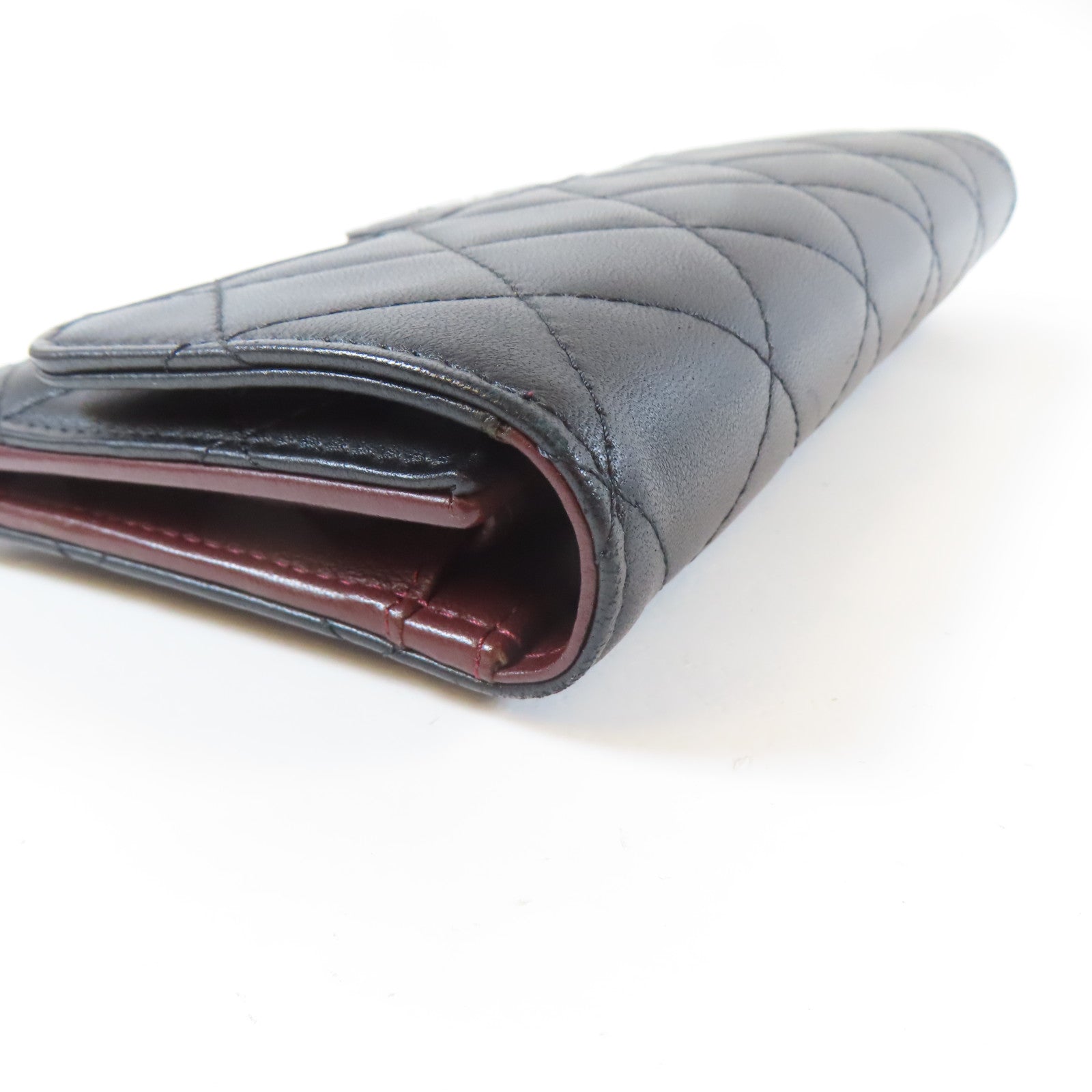 CHANEL 菱格牛皮皮革Trifold Long Wallet銀扣長錢包黑色