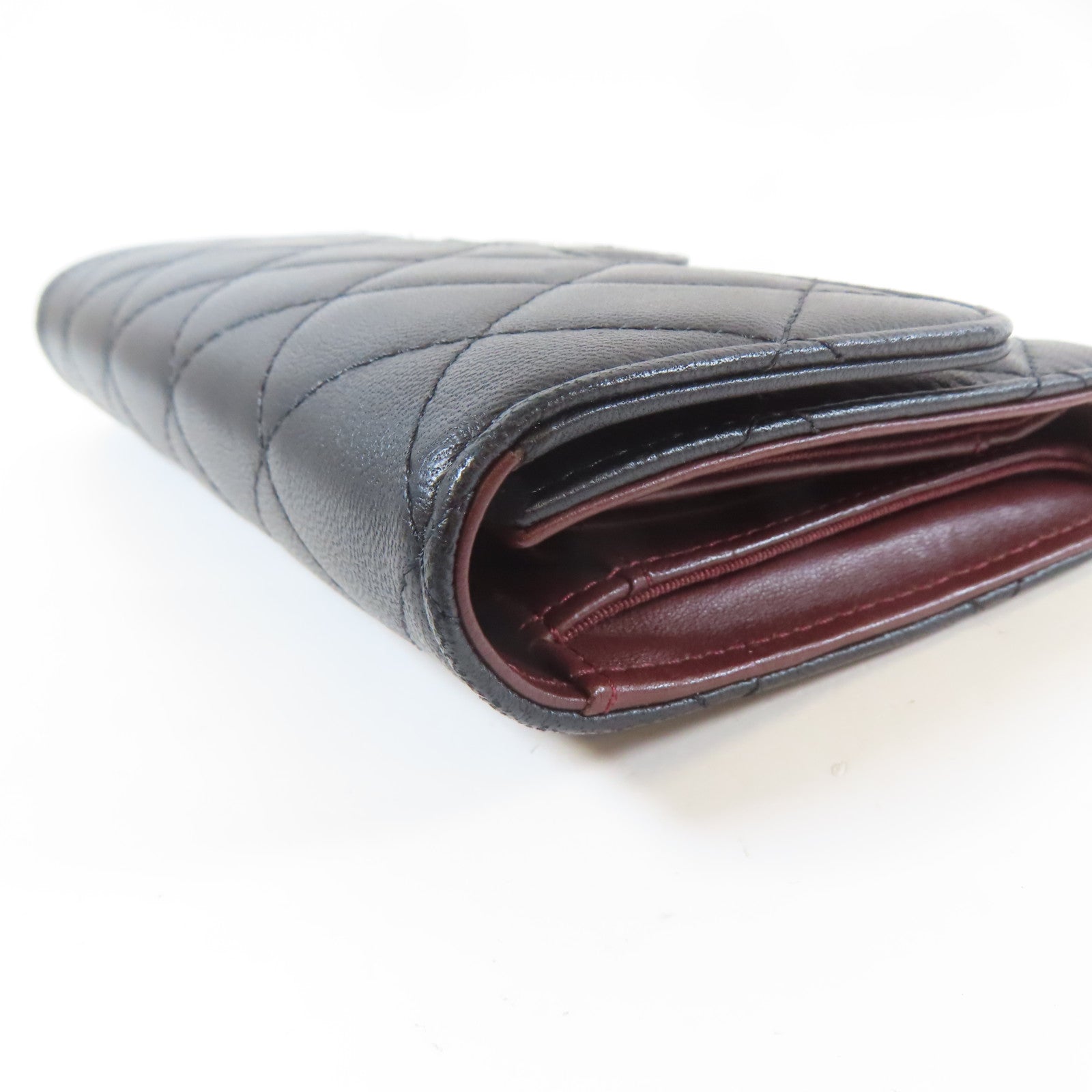 CHANEL 菱格牛皮皮革Trifold Long Wallet銀扣長錢包黑色
