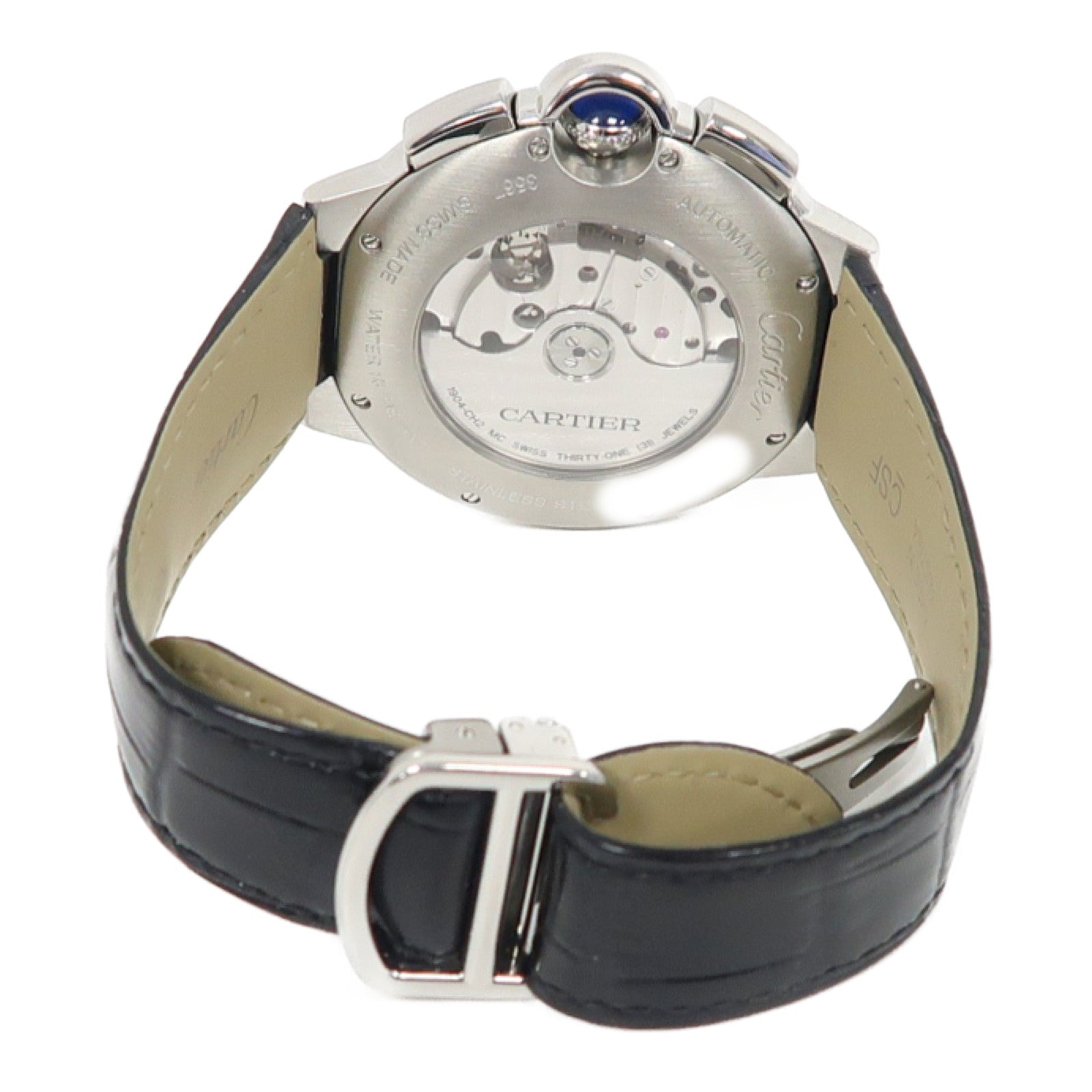 CARTIER Ballon Bleu Chronograph不鏽鋼/皮革帶手錶自動機芯白色