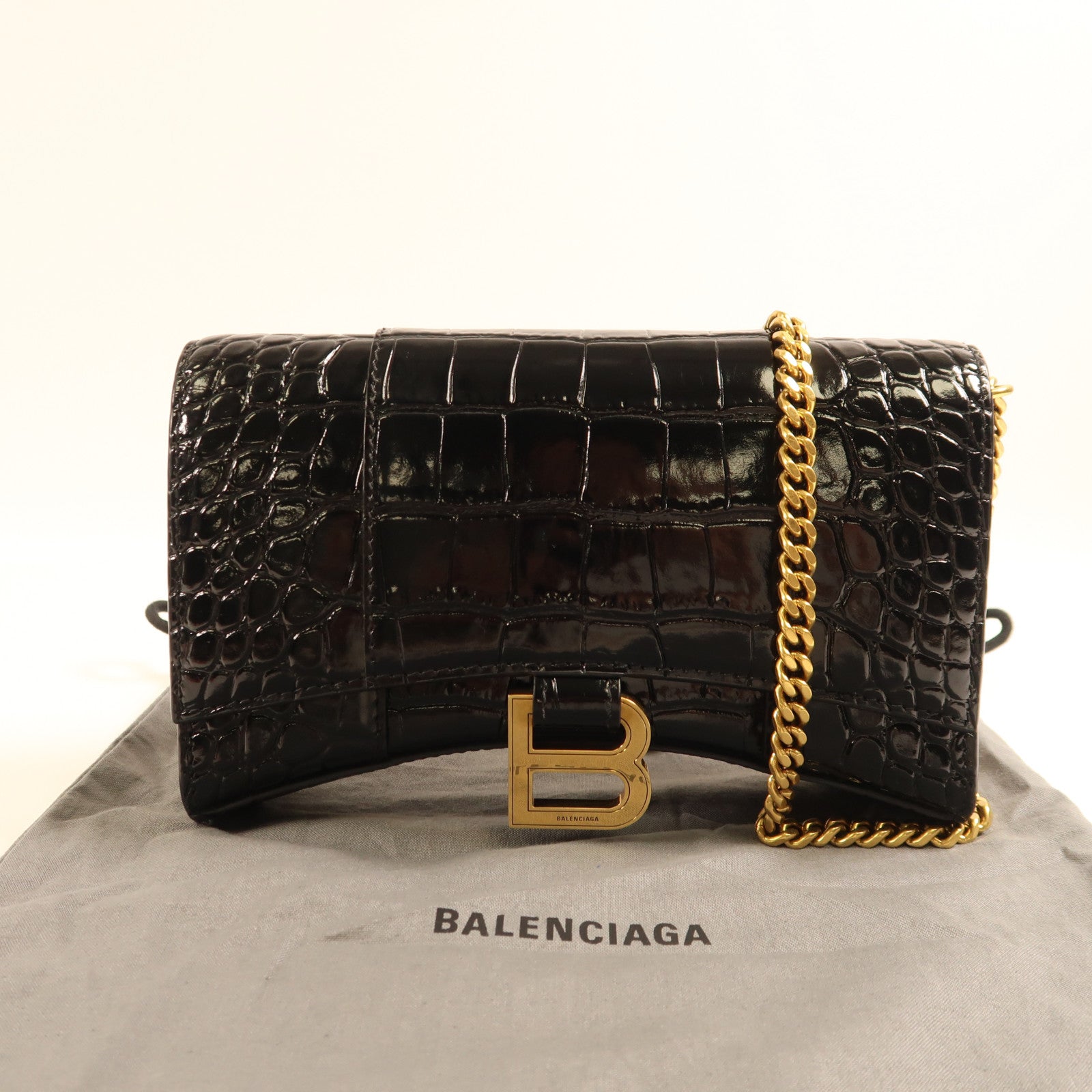 BALENCIAGA 牛皮皮革Hourglass金扣鏈帶肩背袋黑色