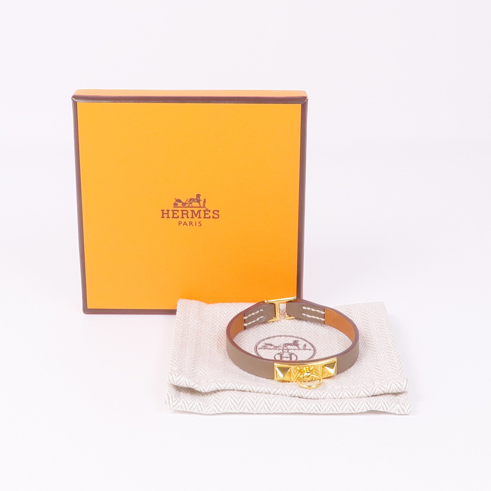 HERMES Swift皮革Rivale Mini Bracelet金扣手帶Etoupe