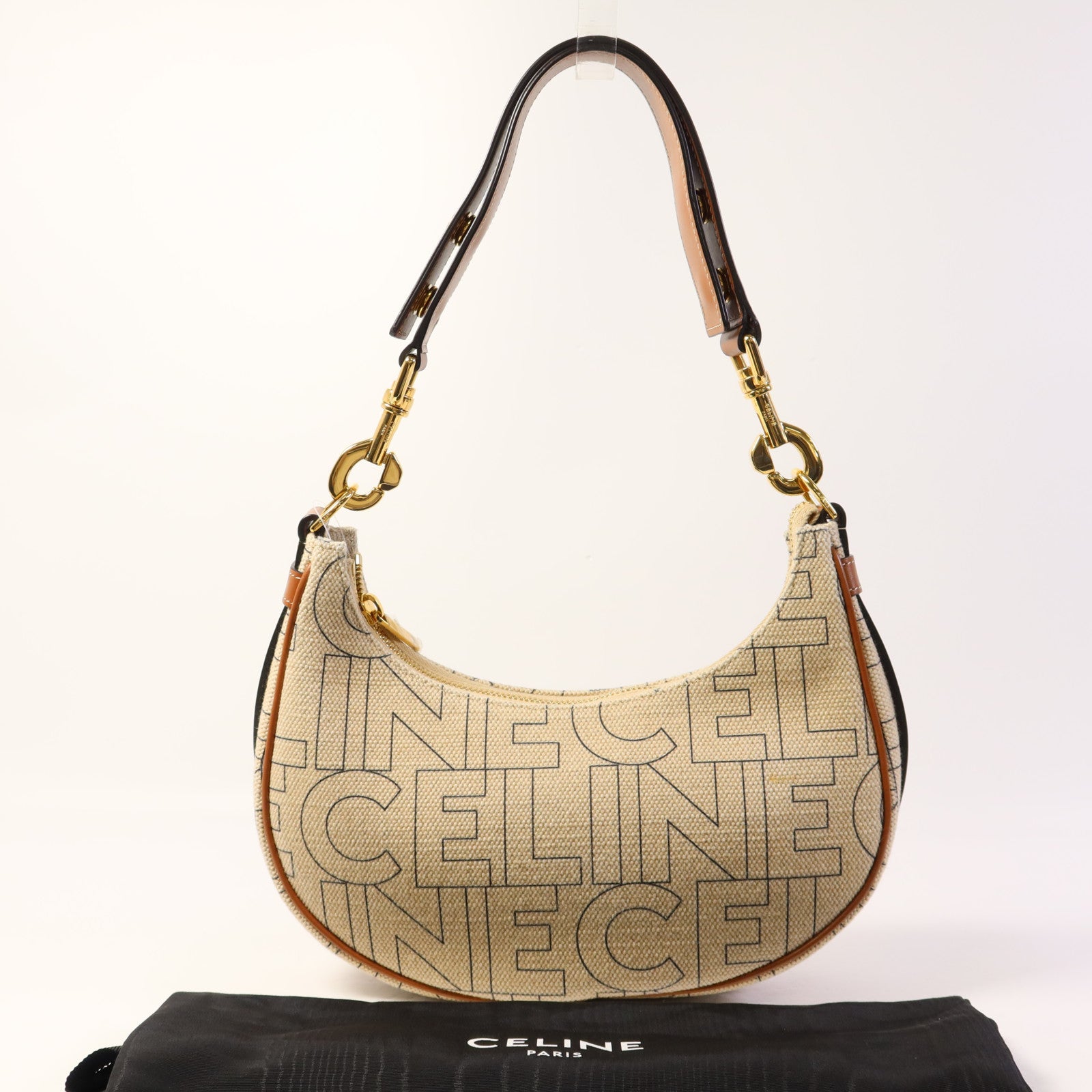 CELINE 帆布/皮革Ava Triomphe金扣肩背袋