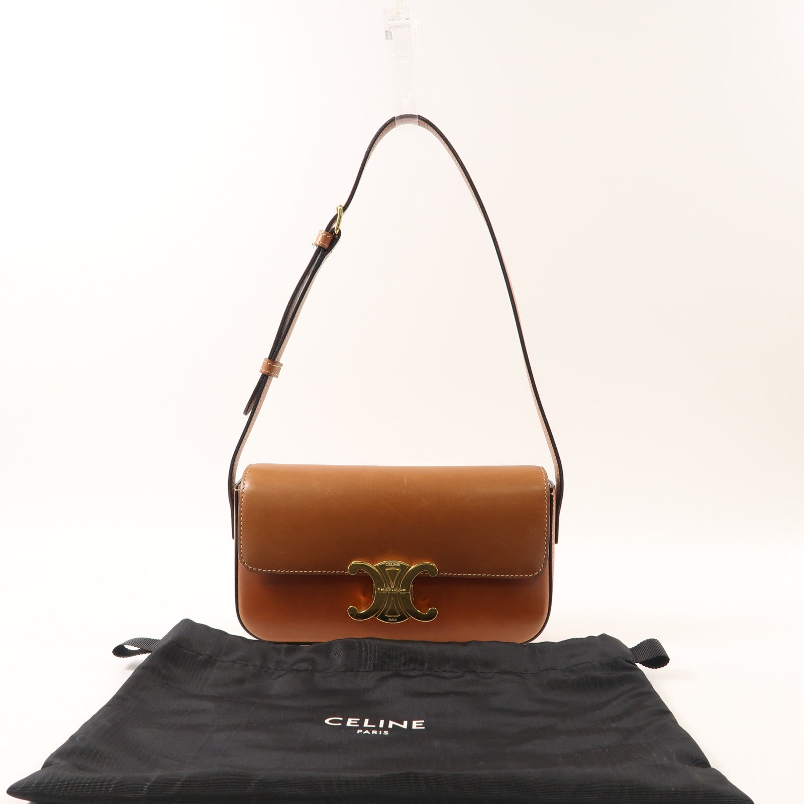 CELINE 牛皮皮革Shoulder Bag金扣肩背袋棕色