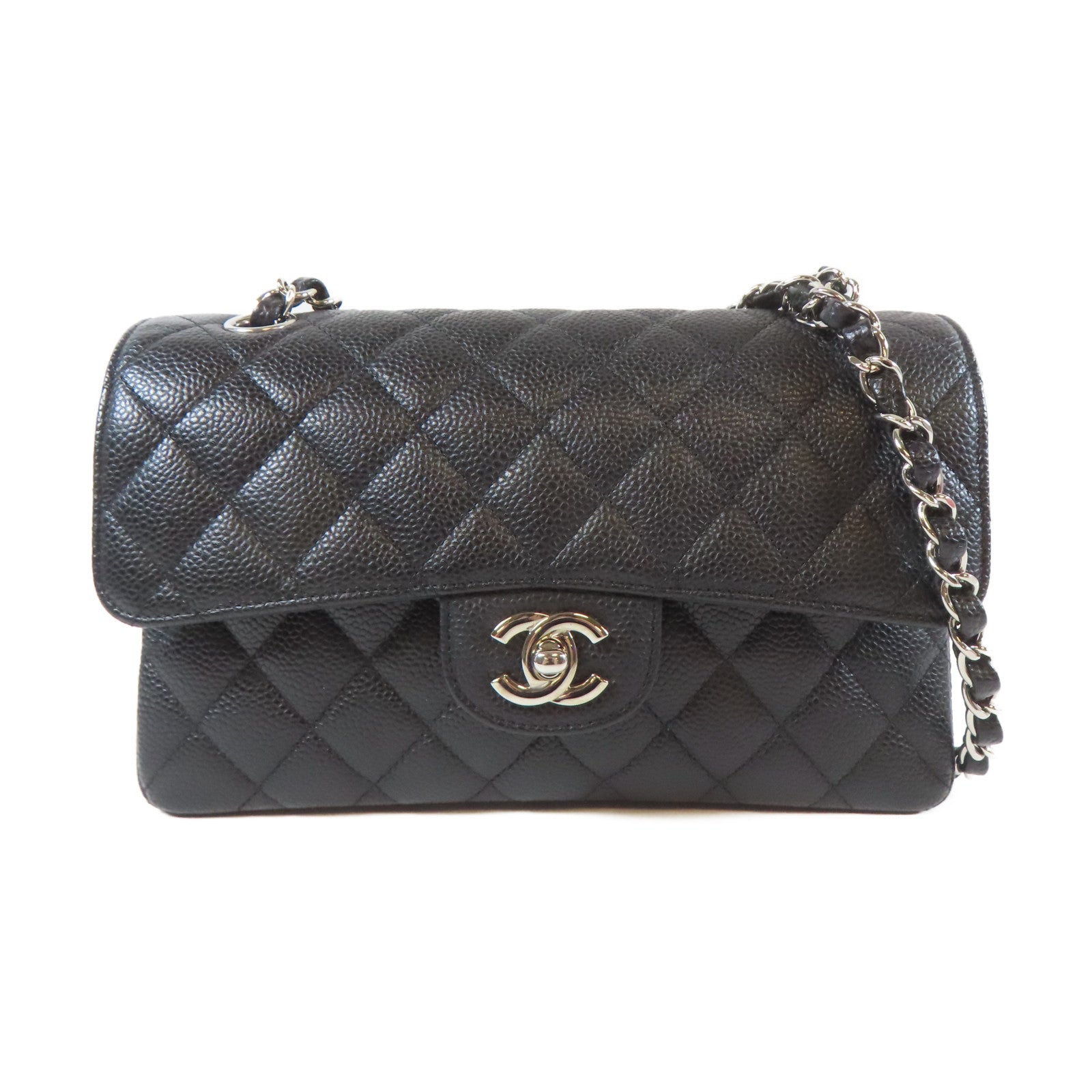 CHANEL 菱格Caviar皮革Classic 23cm銀扣鏈帶肩背袋黑色