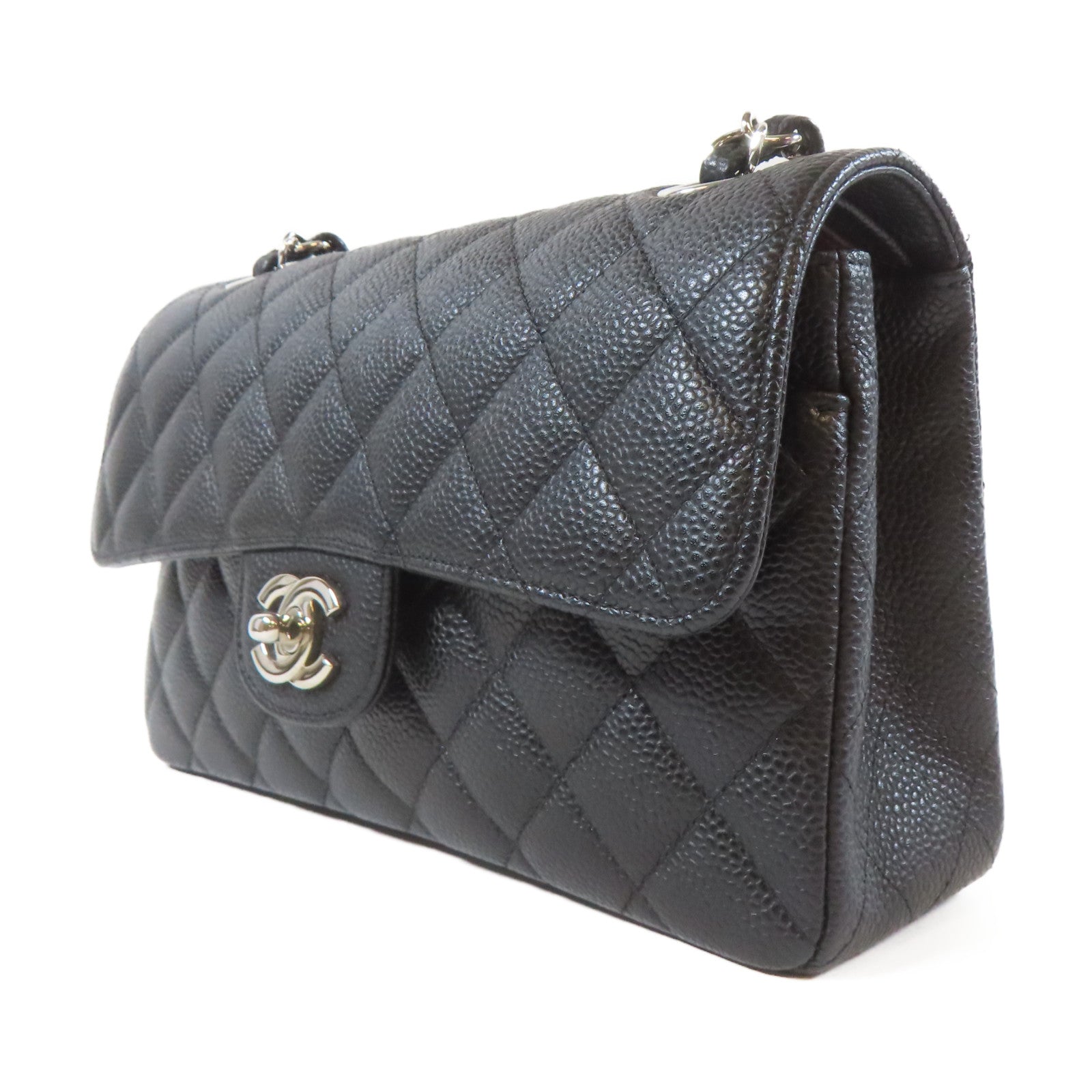 CHANEL 菱格Caviar皮革Classic 23cm銀扣鏈帶肩背袋黑色