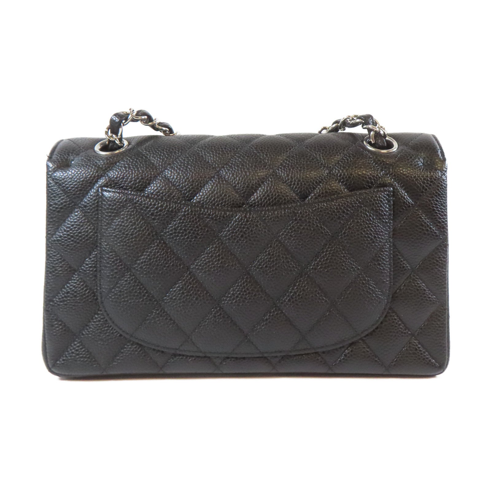 CHANEL 菱格Caviar皮革Classic 23cm銀扣鏈帶肩背袋黑色