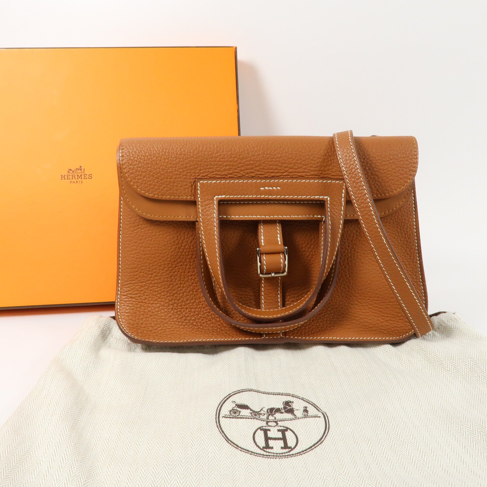 HERMES Clemence皮革Halzan 25銀扣兩用手挽肩背包Gold