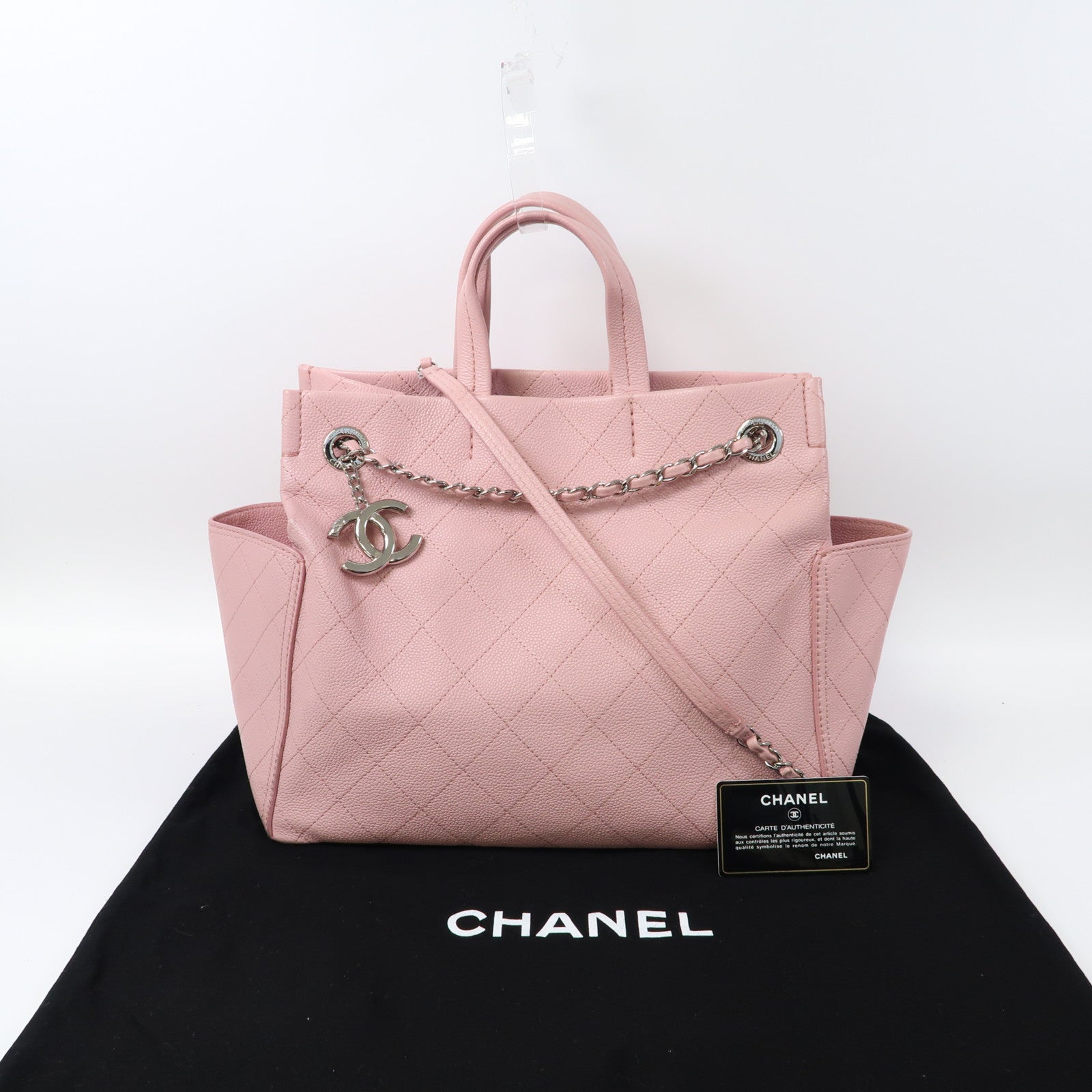 CHANEL 菱格Caviar皮革Shoulder Bag銀扣手挽肩背兩用袋粉紅色