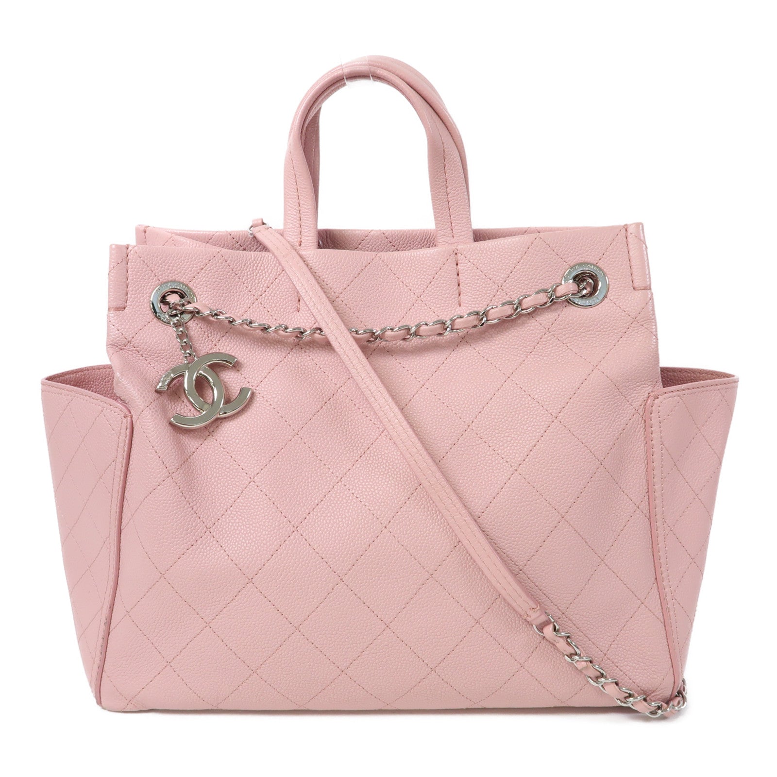 CHANEL 菱格Caviar皮革Shoulder Bag銀扣手挽肩背兩用袋粉紅色