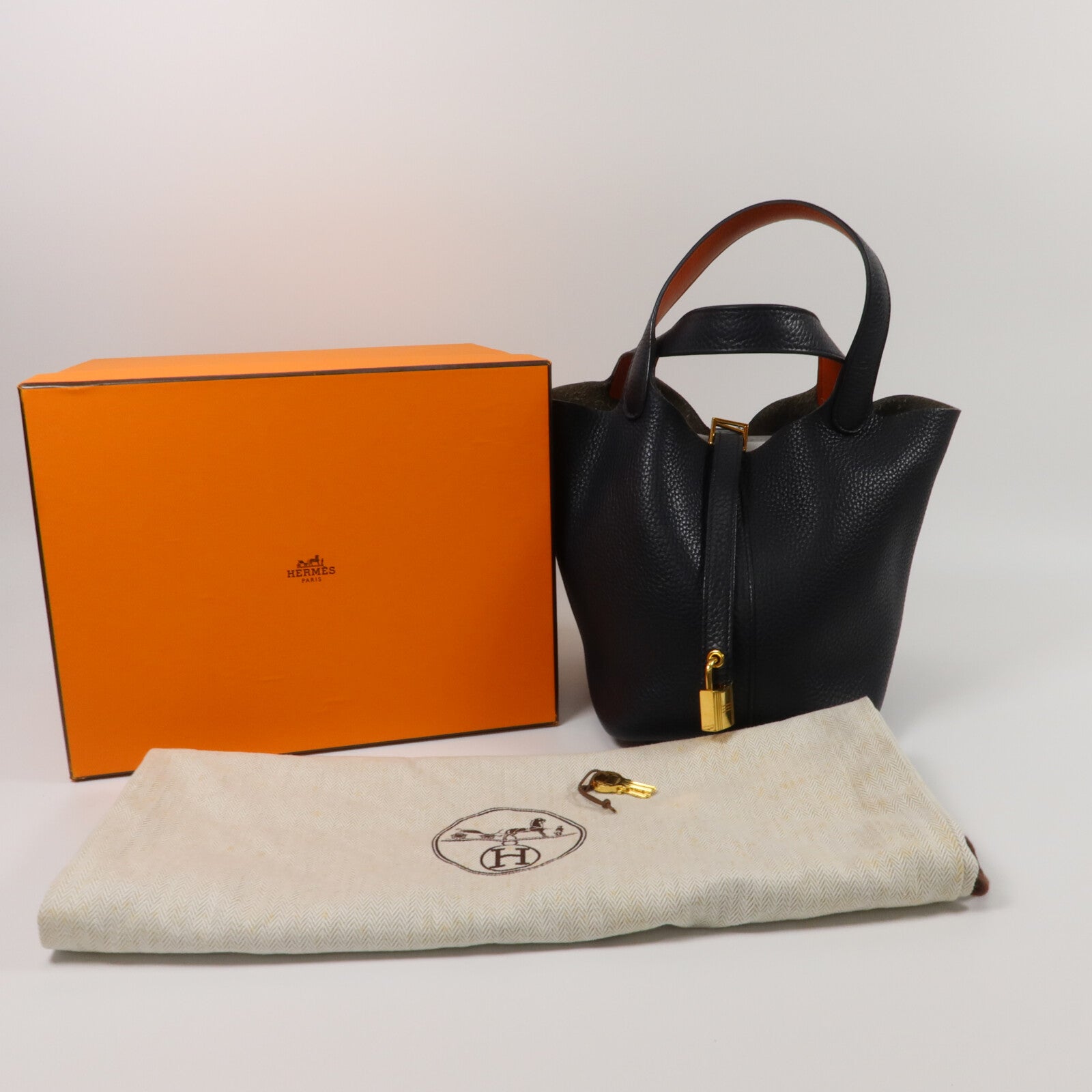 HERMES Clemence/Swift皮革Picotin PM手挽袋Bleu Indigo/Orange