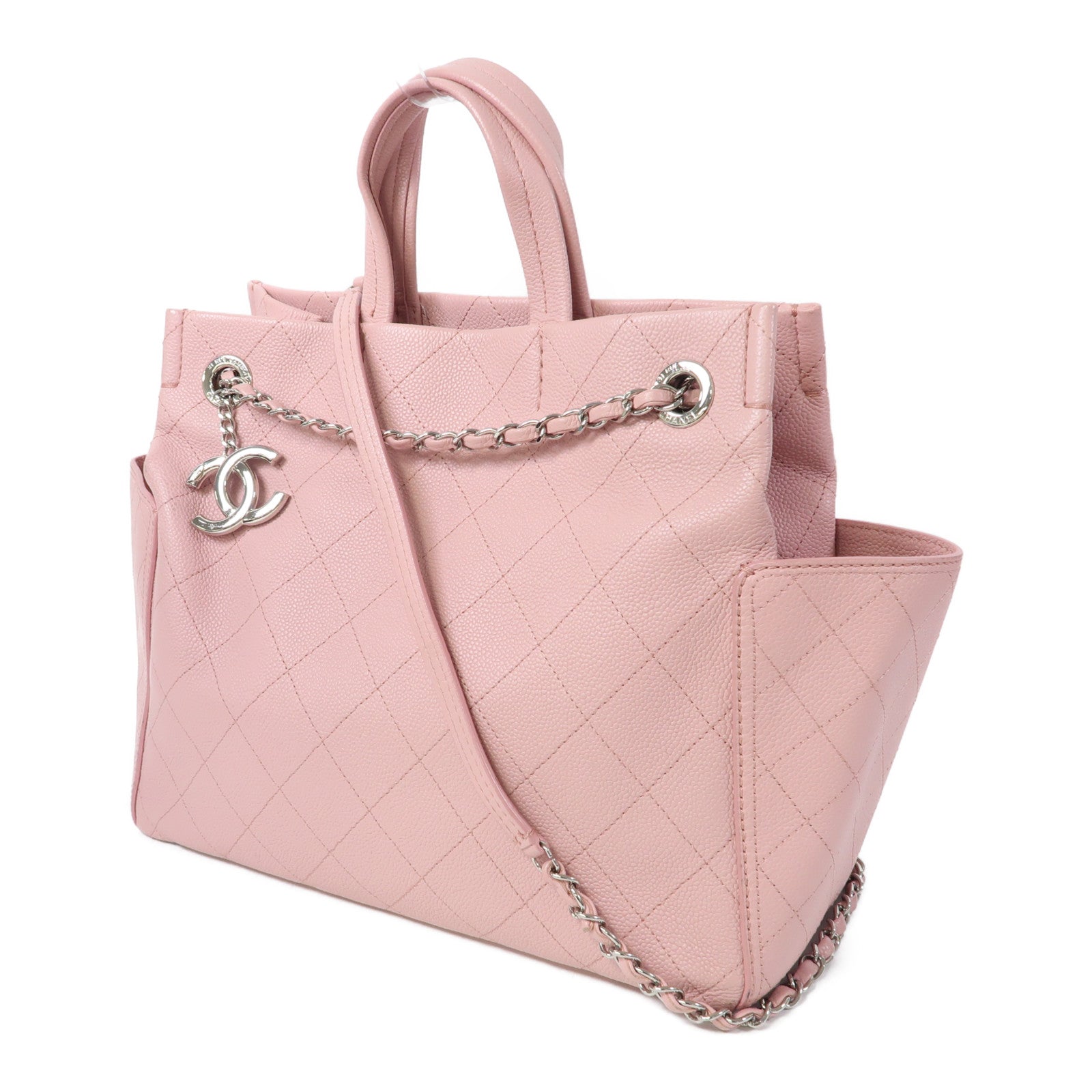 CHANEL 菱格Caviar皮革Shoulder Bag銀扣手挽肩背兩用袋粉紅色