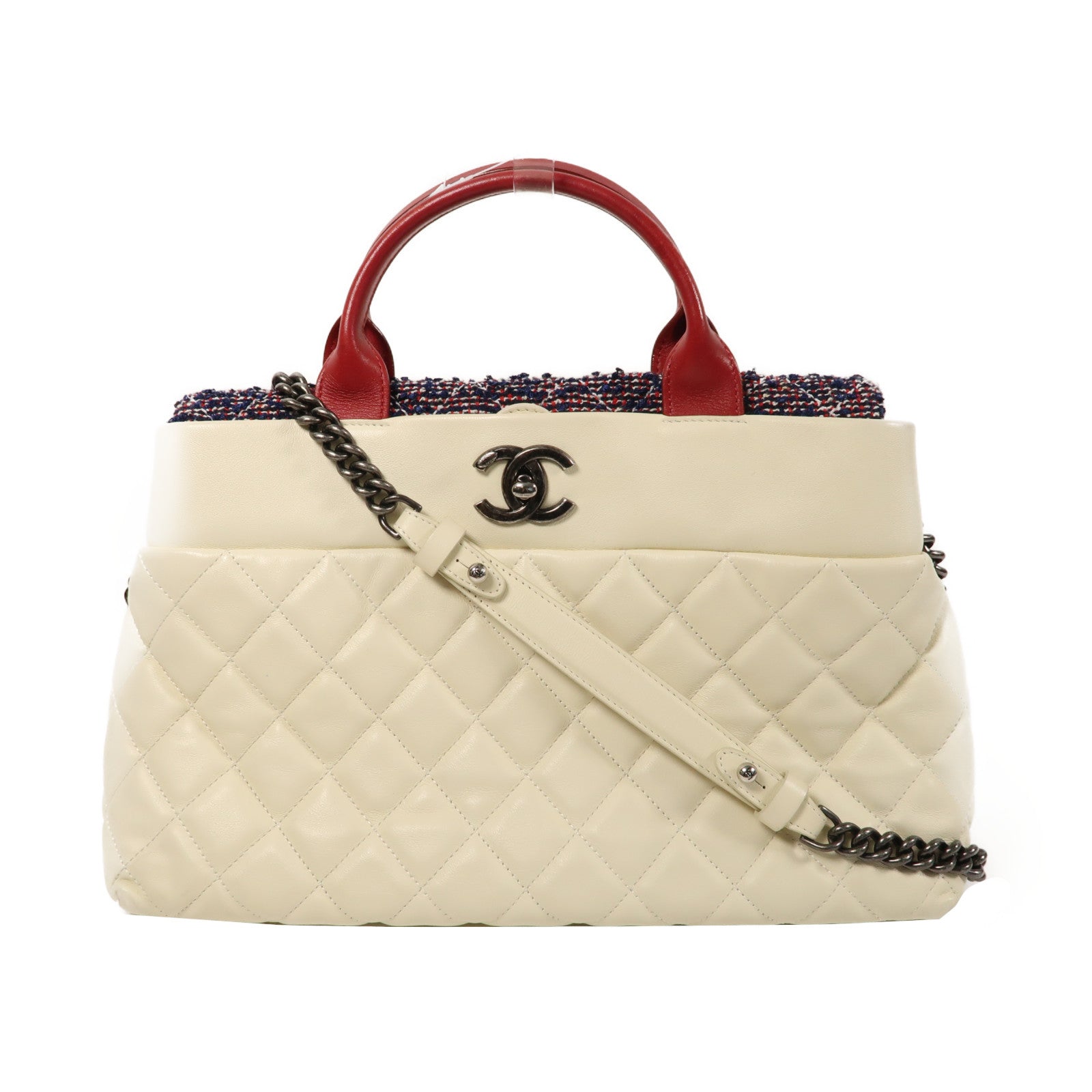 CHANEL 菱格牛皮皮革Chain Shoulder Bag銀扣手挽肩背兩用袋白色