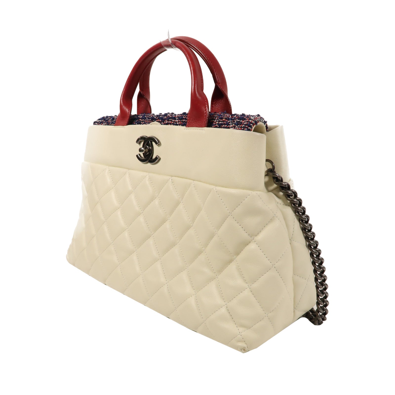 CHANEL 菱格牛皮皮革Chain Shoulder Bag銀扣手挽肩背兩用袋白色