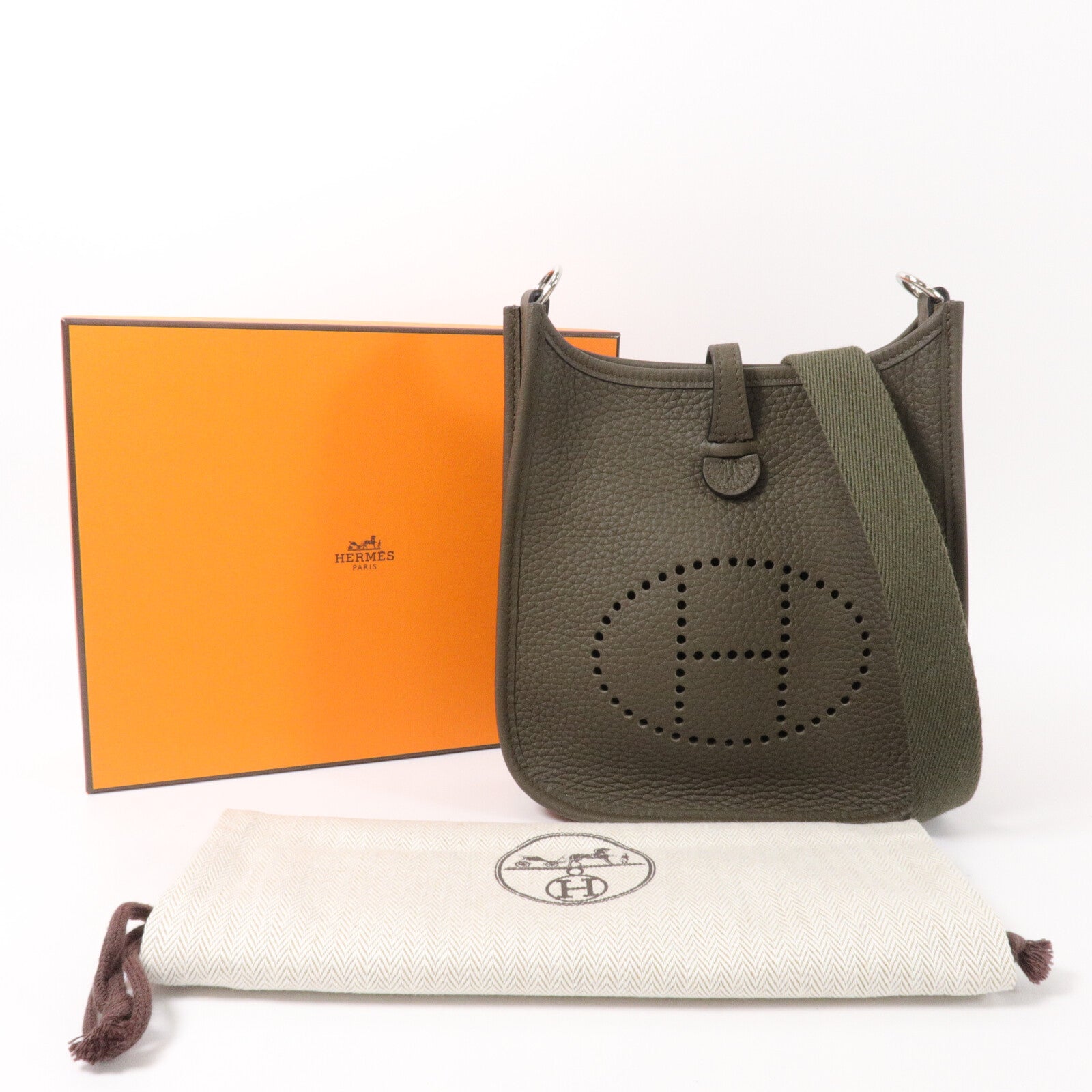 HERMES Clemence皮革Mini Evelyne肩背袋Vert Laden
