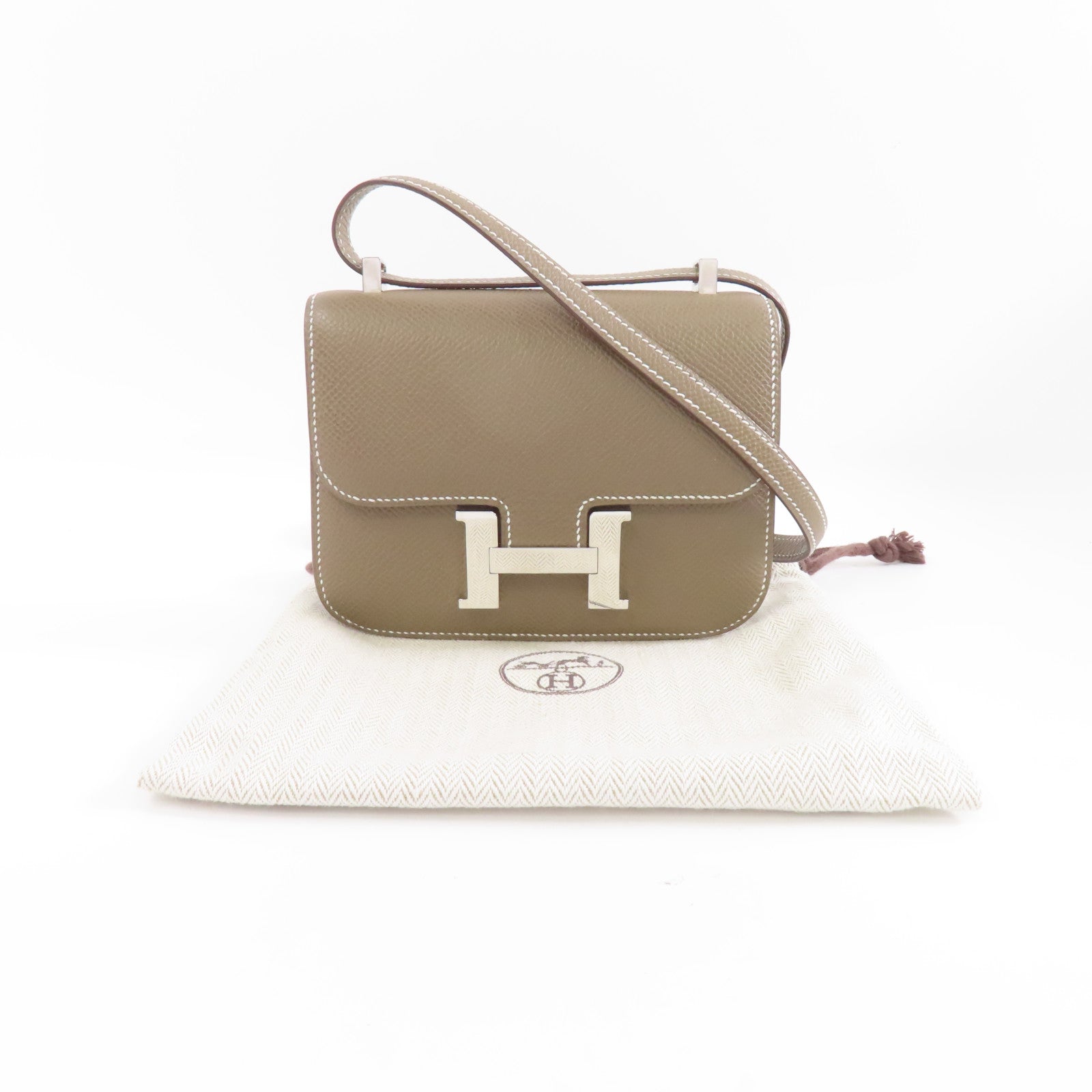 HERMES Epsom皮革Constance Mini銀扣肩背袋Etoupe/米灰色